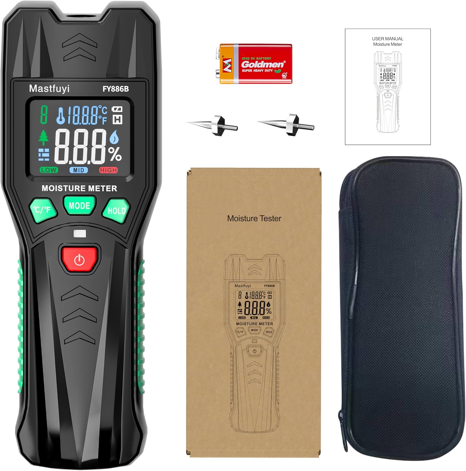 Contents of the Mastfuyi FY886B moisture meter package, including the device, 9V battery, spare pins, user manual, and carrying case.
