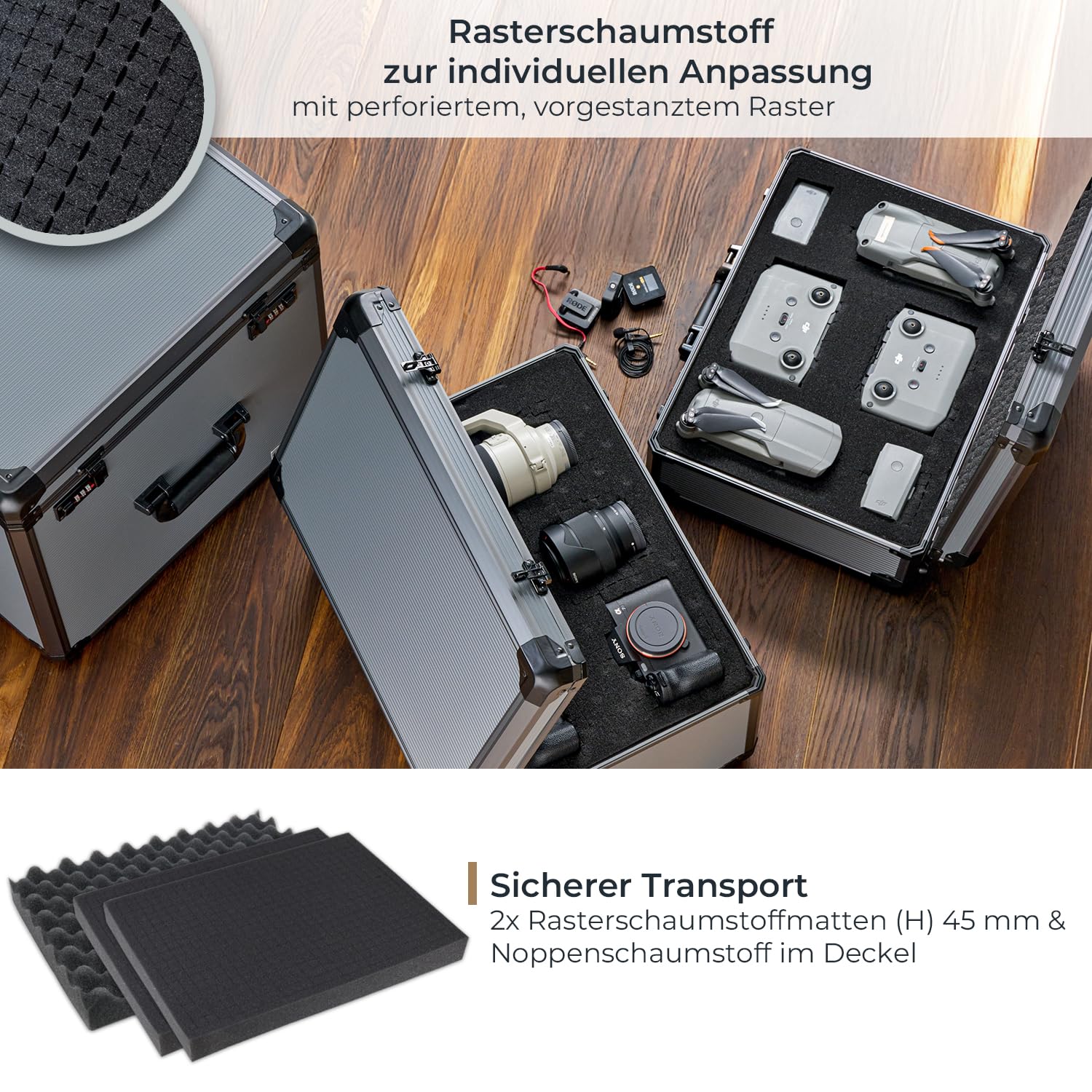 HMF 14402-02 Alu Fotokoffer, Waffenkoffer mit Rasterschaumstoff | 46 x 33 x 15 cm