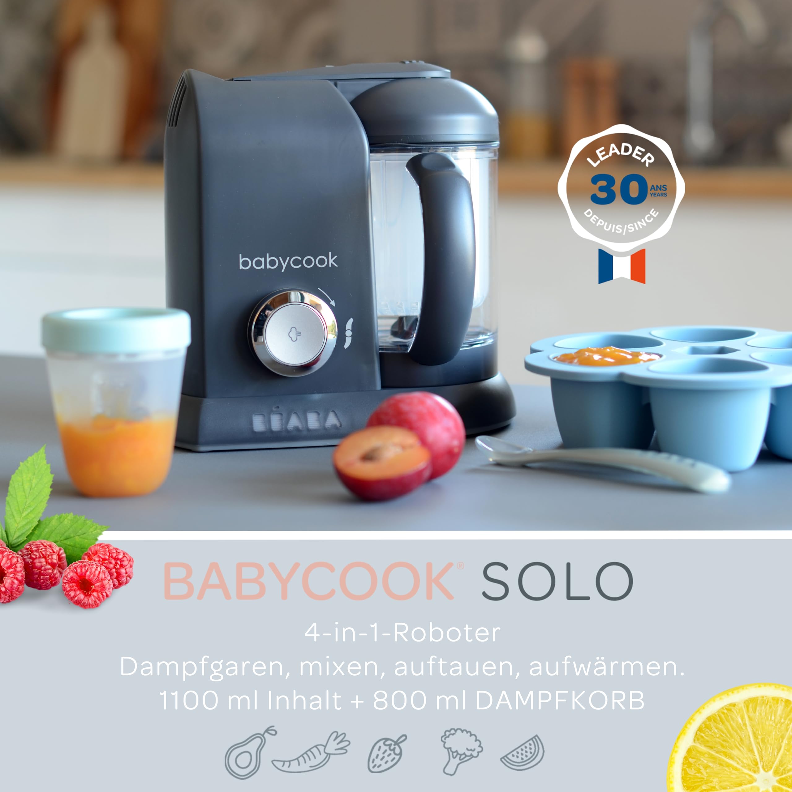 BÉABA Babycook Solo 4 in 1 Babynahrungszubereiter Dampfgarer Edelstahl Dunkelgrau