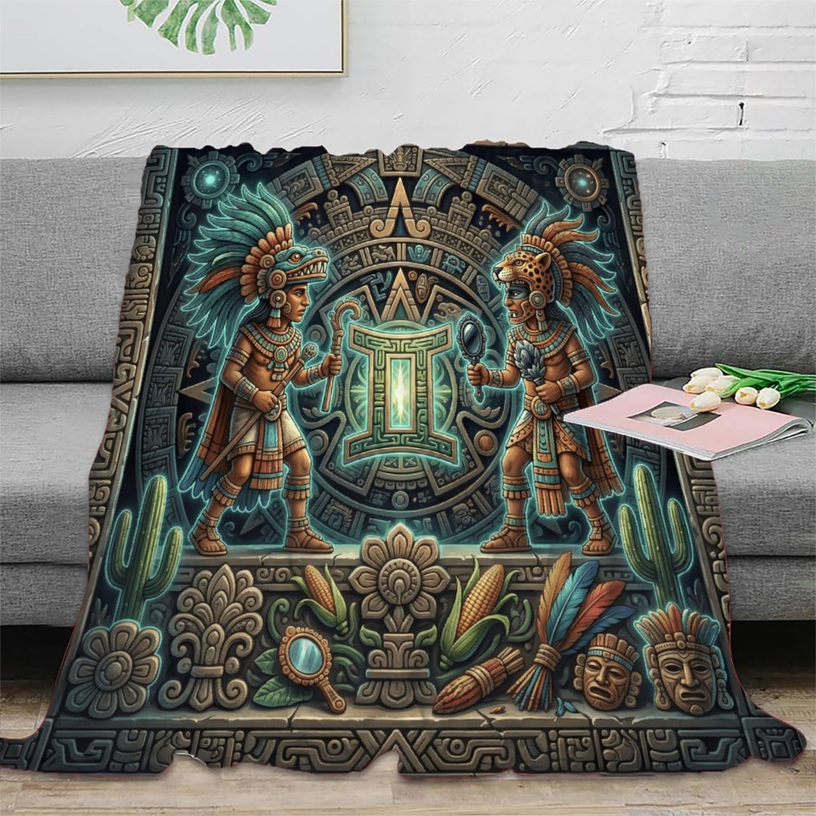 H3B8U2Y5 Gemini Zodiac Aztec Art for Flannel Throw Blanket, Bedroom Nap Use