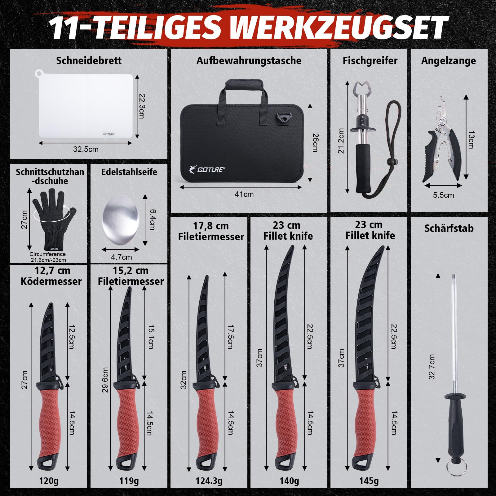 Goture Fischmesser set, Angelmesser set, Filetiermesser Fisch, Filetier-Angelset, Angelmesser mit Scheide, Schärfer, Messerset, Angelausrüstung, Angelgeschenke für Männer