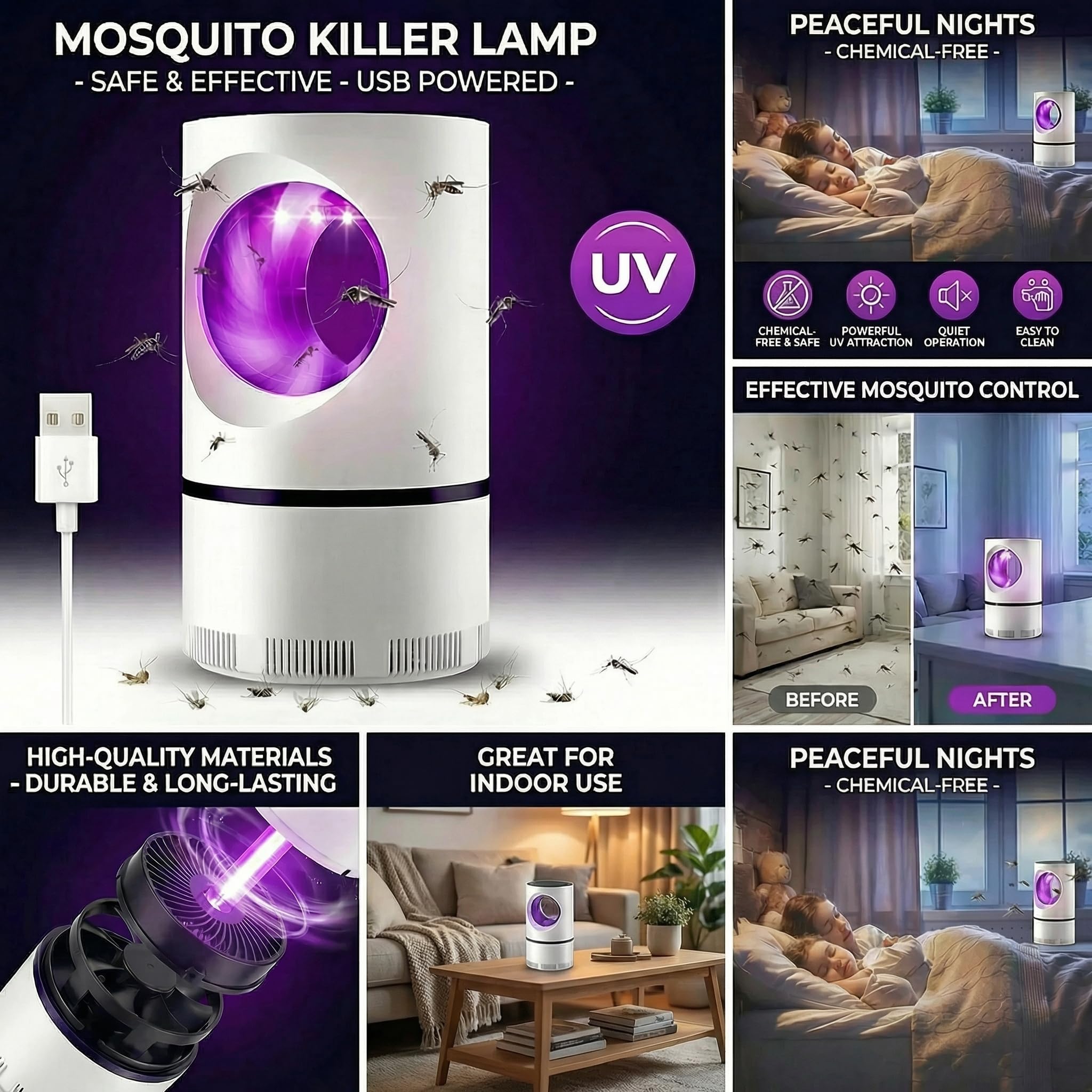 Lampara Antimosquitos, Lampada Antizanzare a LED, Potente Sterminatore di Mosche, Lampara Mosquitos,Repelente USB Ultimi Modelli UV Uccisione Mosca Elettrico, Interior y Exterior