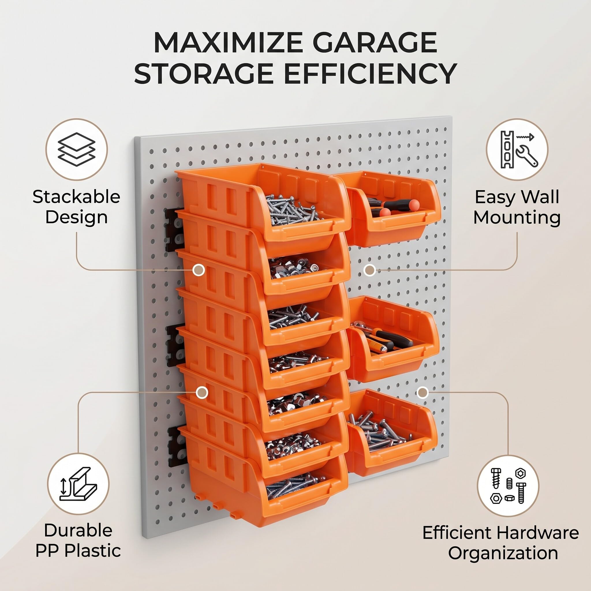 Caja de Almacenamiento Montada en la Pared, 8 Contenedores Apilables con 3 Rieles, Organizador Colgante para Tornillos, Tuercas, Pernos y Clavos, Capacidad de 22 Lbs/10 Kg,