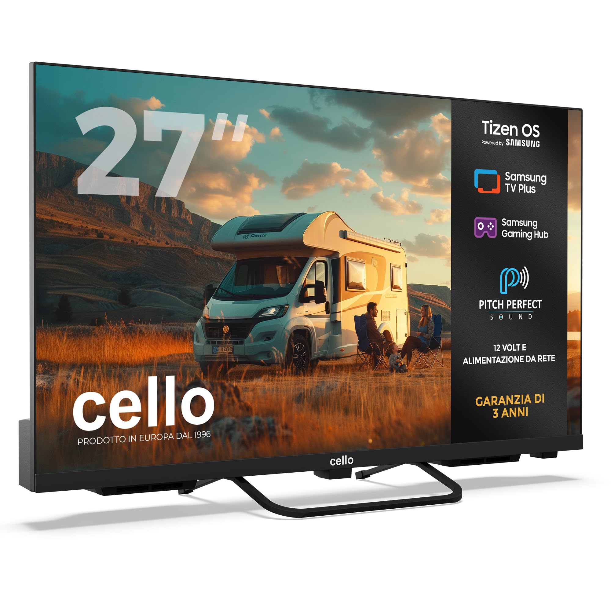 Cello CTRAV-27TZ TV Traveller Smart 12V da 27" con Tizen OS di Samsung, ricezione satellitare, Gaming Hub, altoparlanti Pitch Perfect, Bluetooth, ideale per camper e barche, triplo sintonizzatore