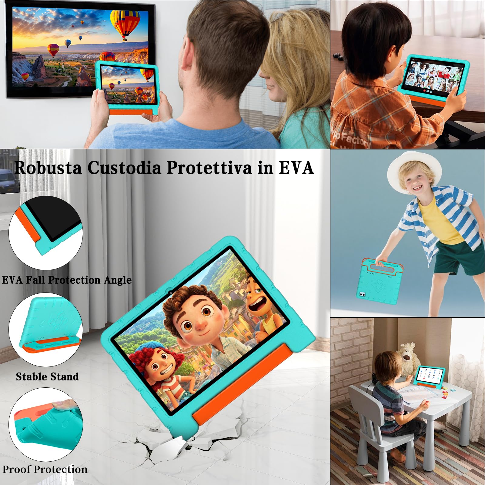 ZIOVO Tablet Bambini 10 Pollici Tablets Android 15, 30GB RAM+64GB ROM(TF 2TB), 5G WiFi Tablets,Gemini AI/Octa-Core/Widevine L1/Face ID/Parentale Controllo/6000 mAh/BT 5.0, Tablet con Eva Caso-Verde