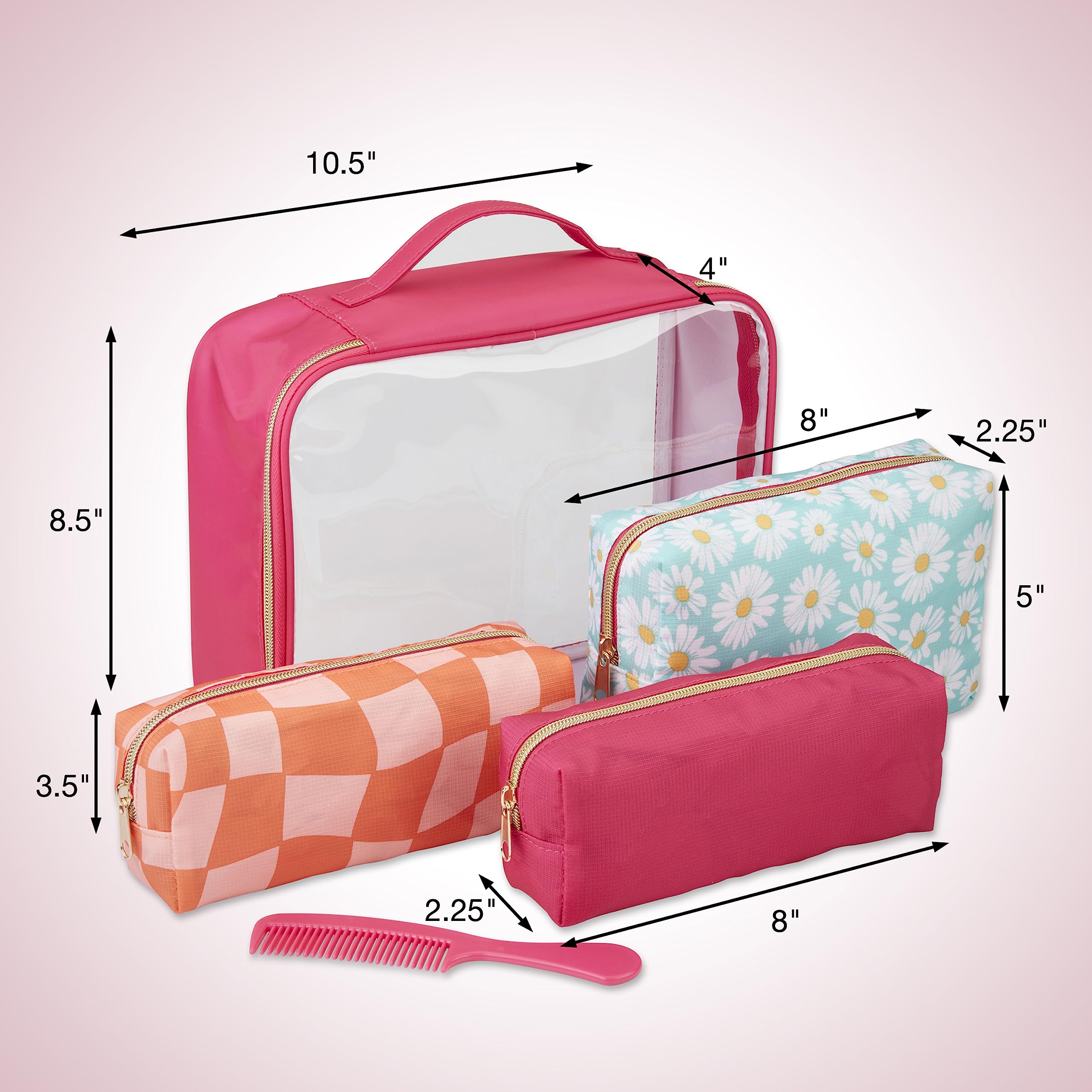 Conair 5 Piece Toiletry and Cosmetic Bag Set Under $30, Includes 4 Makeup Bags and 1 Travel Comb in Pink and Daisy Prints : Beauty & Personal Care