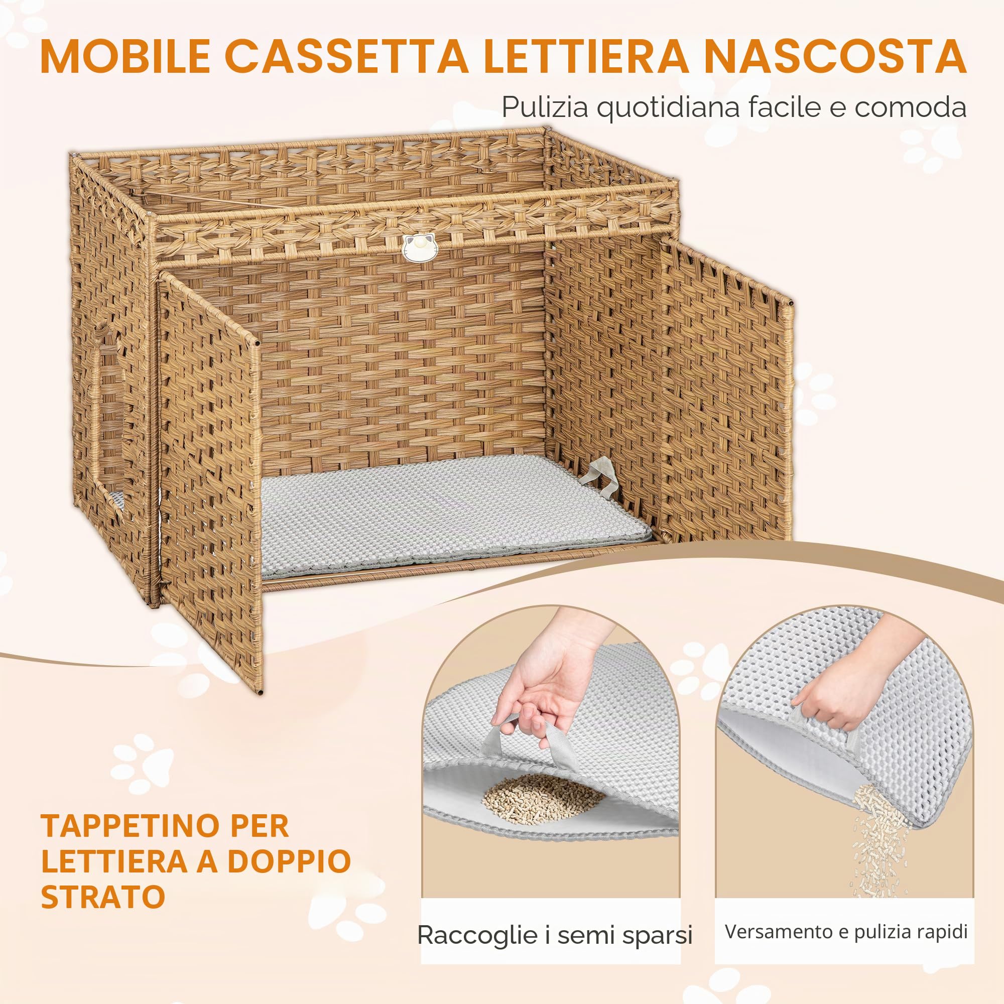 Mobile Lettiera per Gatti in Rattan Intrecciata a Mano, Naturale | Casetta per Gatti con Tappetino e 2 Ganci a Forma di S, Mobile Nascosto per Lettiera, Soggiorno, 77x46,5x55 cm EFPCB001RN1