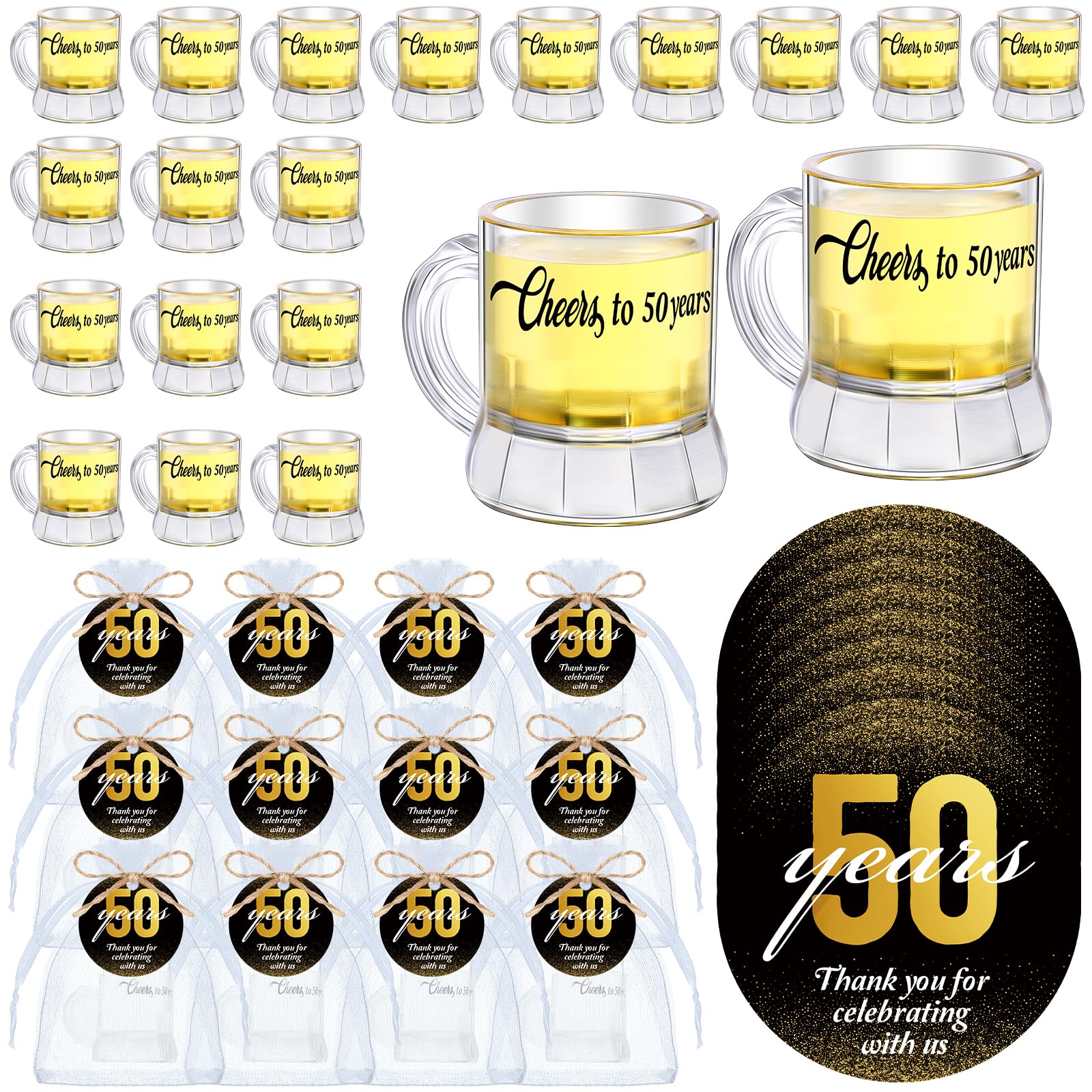 Teenyyou 25 Sets 50th Birthday Party Favors for Guests Mini Beer Mug Plastic Shot Glasses with Handles Cheers to 50 Years Shot Glasses with Thank You