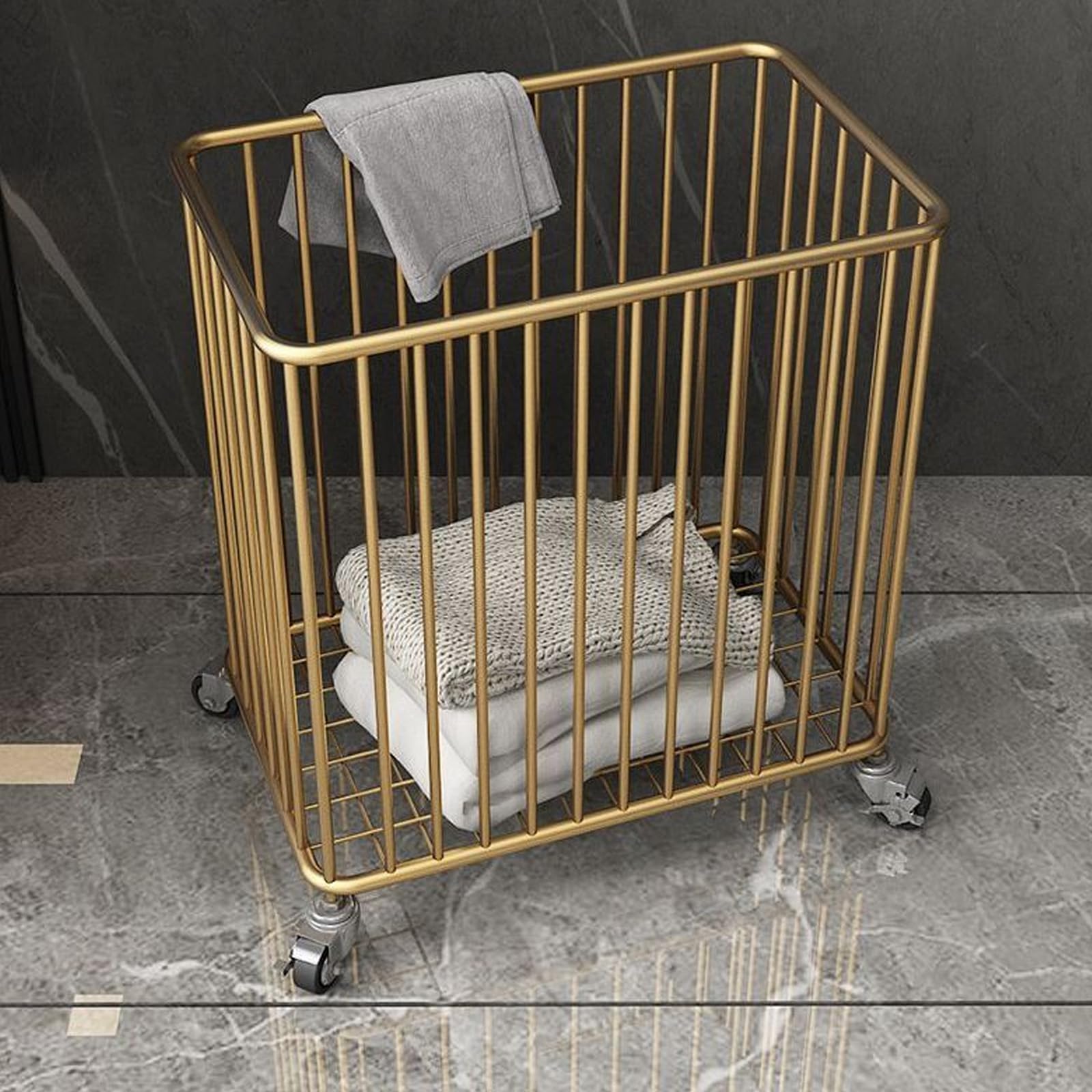 Generico Cesto portabiancheria Girevole a 360° con Ruote - Cesto portabiancheria in Metallo Dorato a Rete Quadrata per Vestiti sporchi, Organizer per Vestiti, Contenitore portaoggetti, Carrello Porta