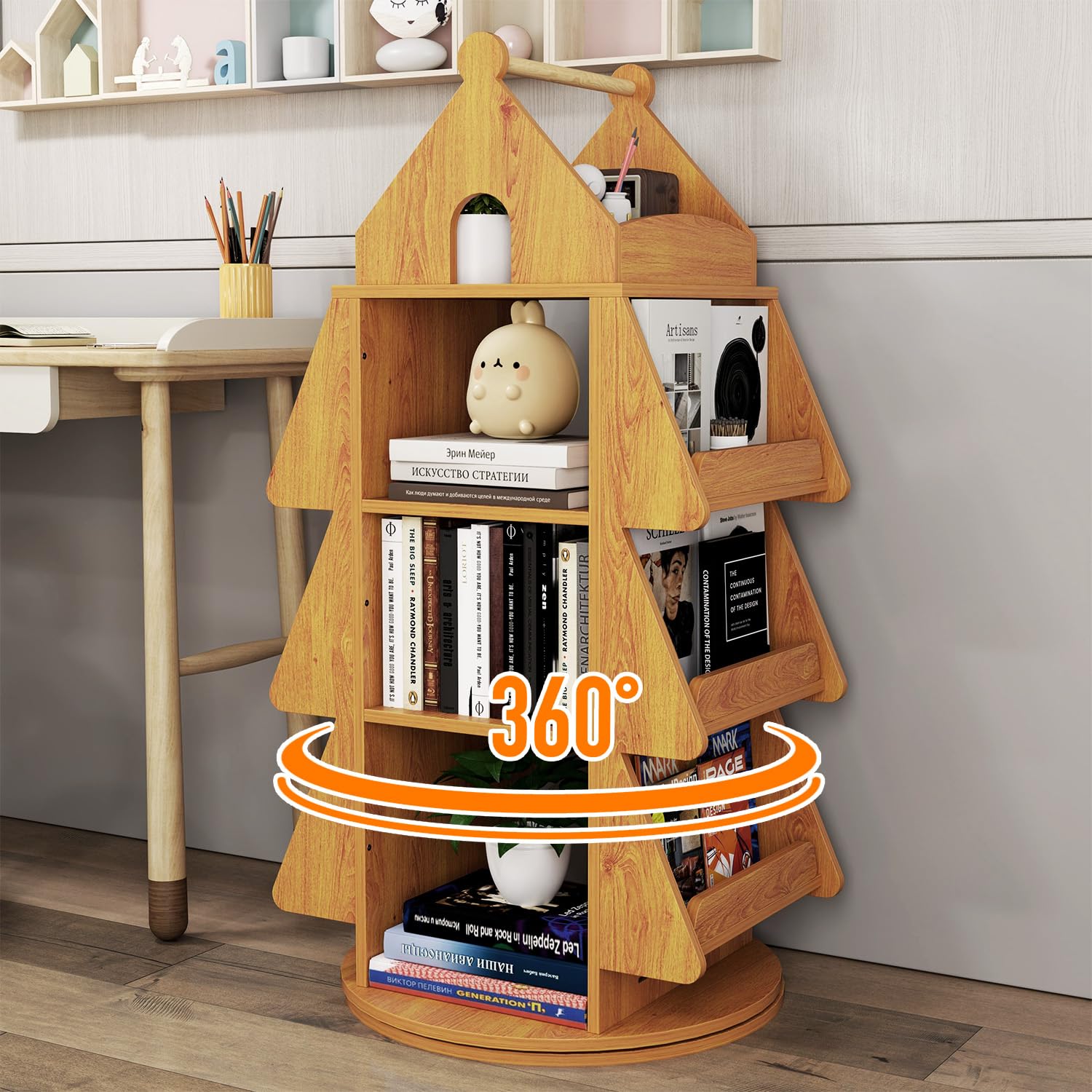 360 ° drehbares Bücherregal, Weihnachtsbaum-Display, Bücherregal, kreativ, bodenstehend, Bücherregal, Holz, Buchaufbewahrung, Organizer für Zuhause, Wohnzimmer, Schlafzimmer, Höhle