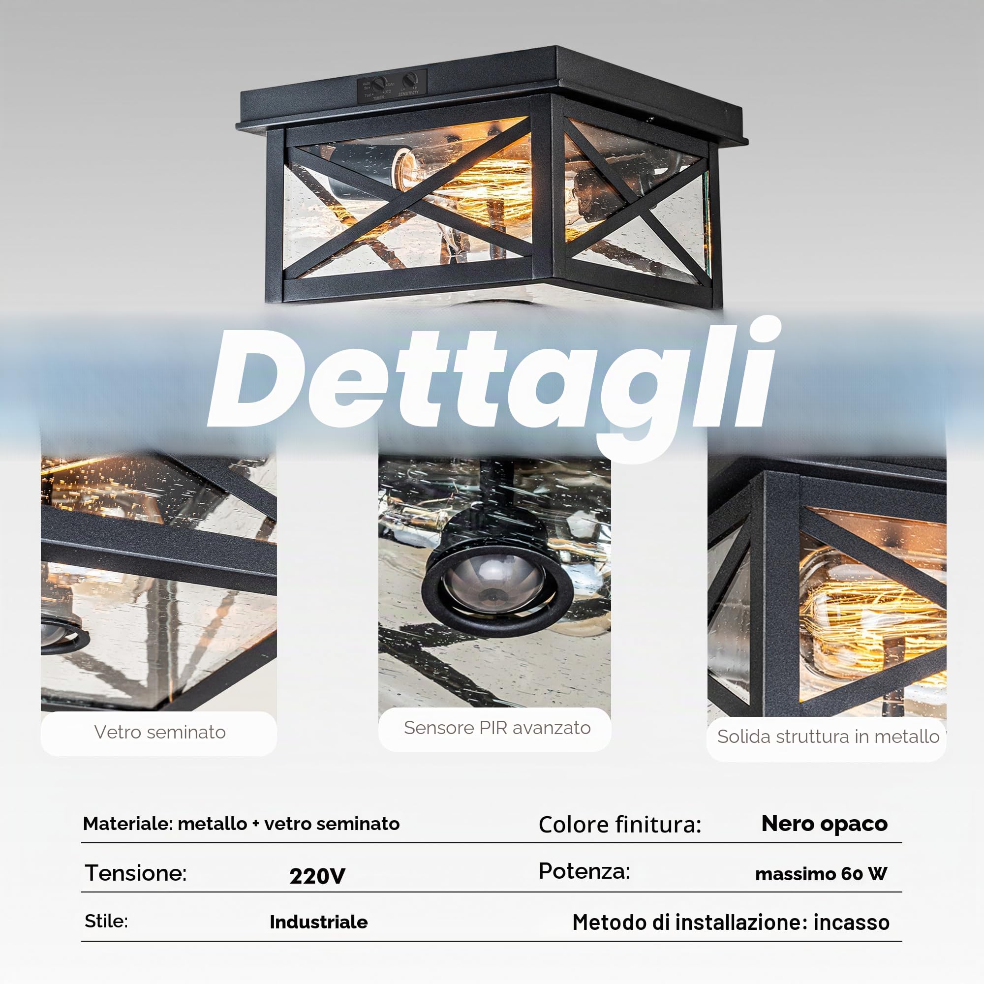 FTL Plafoniera Esterno con Sensore di Movimento, Portico Lampada da Soffitto Sensore Crepuscolare con Vetro a Bolle, E27 Nero Esterno Luce Sensore Movimento a 2 Luci per Garage Giardino, Impermeabile