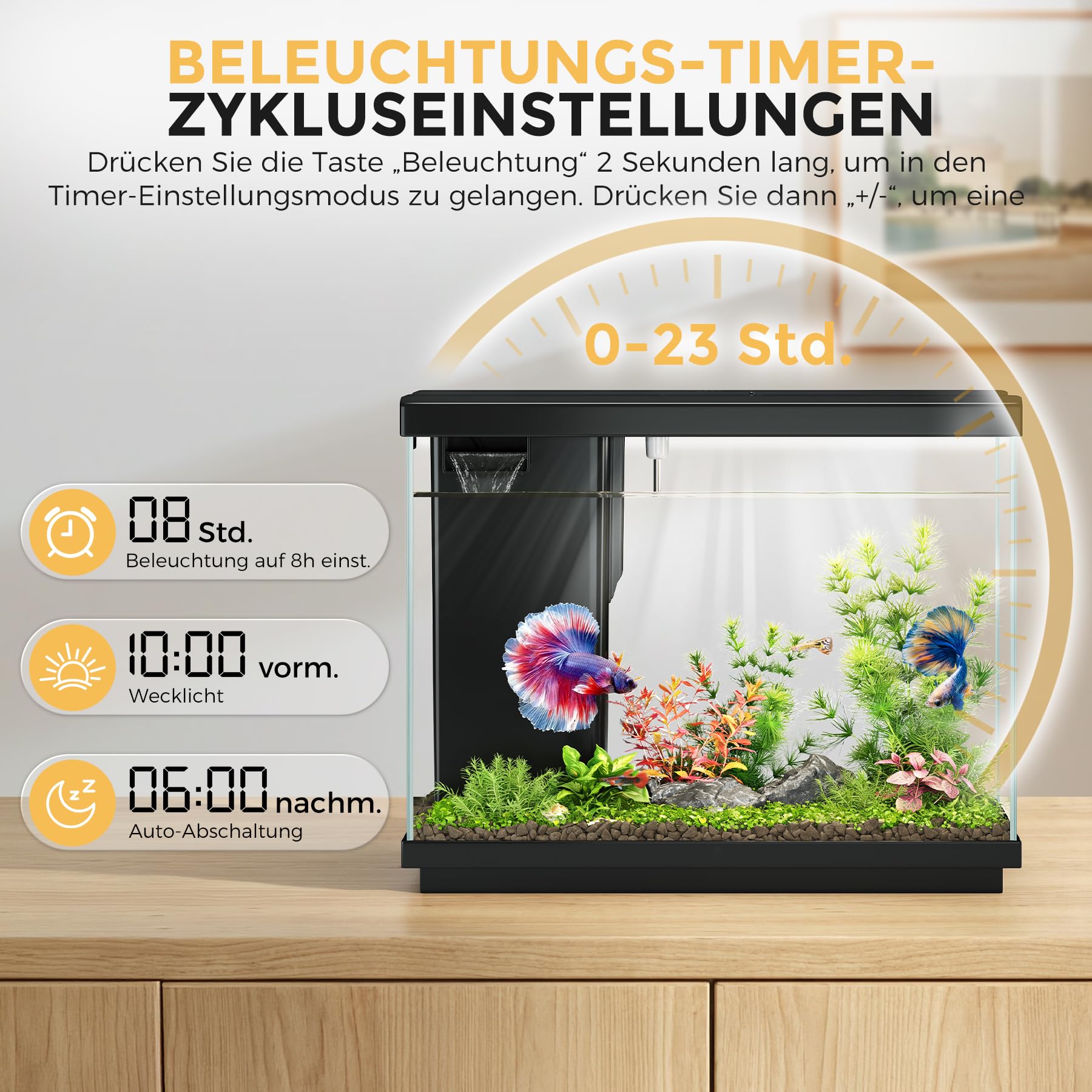 8.3L Kampffisch Aquarium mit 4-in-1 leiser Pumpe & Surface Skimmer, Nano Aquarium Komplettset mit Temperaturanzeige, 8-Farben-Beleuchtung, für Zuhause und Büro (Schwarz, 8.3L)