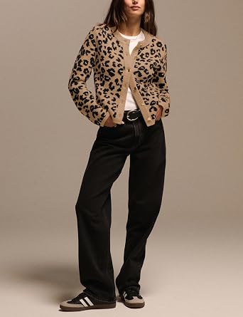 TERIVEEK Leopard Cardigan Sweaters for Women Cheetah Print Open Front Button Down Long Sleeve Casual Knit Outwear Coats
