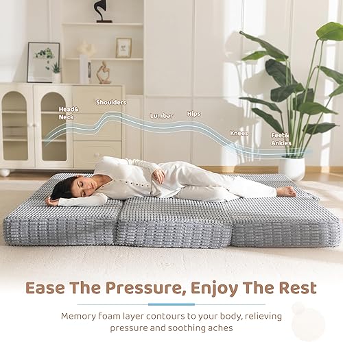 Miniatura 5 de BYBYME Colchón plegable de espuma viscoelástica, cubrecolchón plegable de gel de 6 pulgadas, almohadilla plegable suave para cama de invitados para