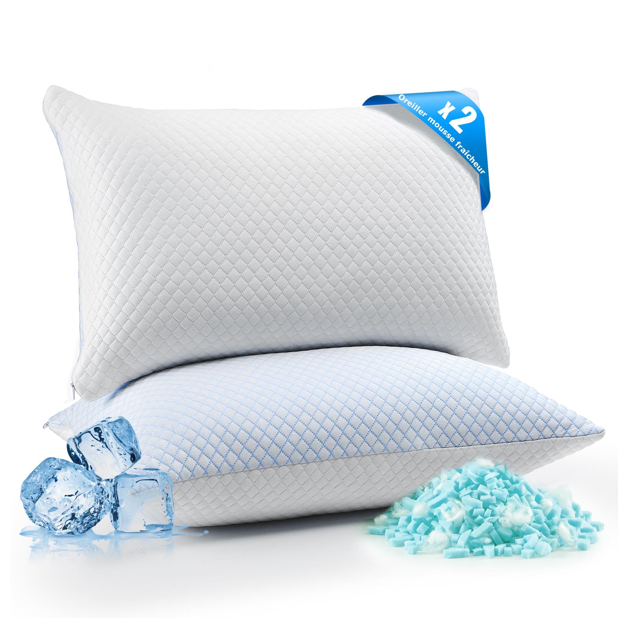 UNIKOME Oreiller rafraîchissant 50x70CM Lot de 2, Oreiller en Mousse à mémoire de Forme Double Face, Oreiller rafraîchissant Froid/Chaud Amovible, Bleu l'été/Automne, Blanc Le Printemps, Oeko-Tex