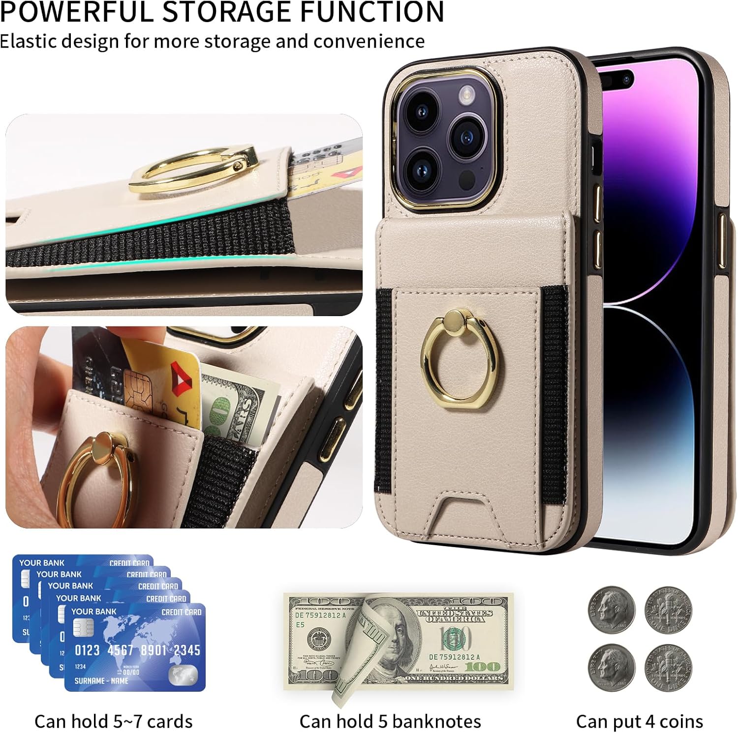 for iPhone 14 Pro Wallet Case with Credit Card Holder and 360° Rotation Ring Stand, RFID Block Flip Leather Shockproof Cover for iPhone 14 Pro-Beige - Image 4