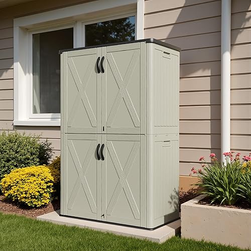 Miniatura 6 de Devoko Armario de almacenamiento para exteriores de 50 pies cúbicos, cobertizo de almacenamiento vertical de resina, sostiene muebles de patio,