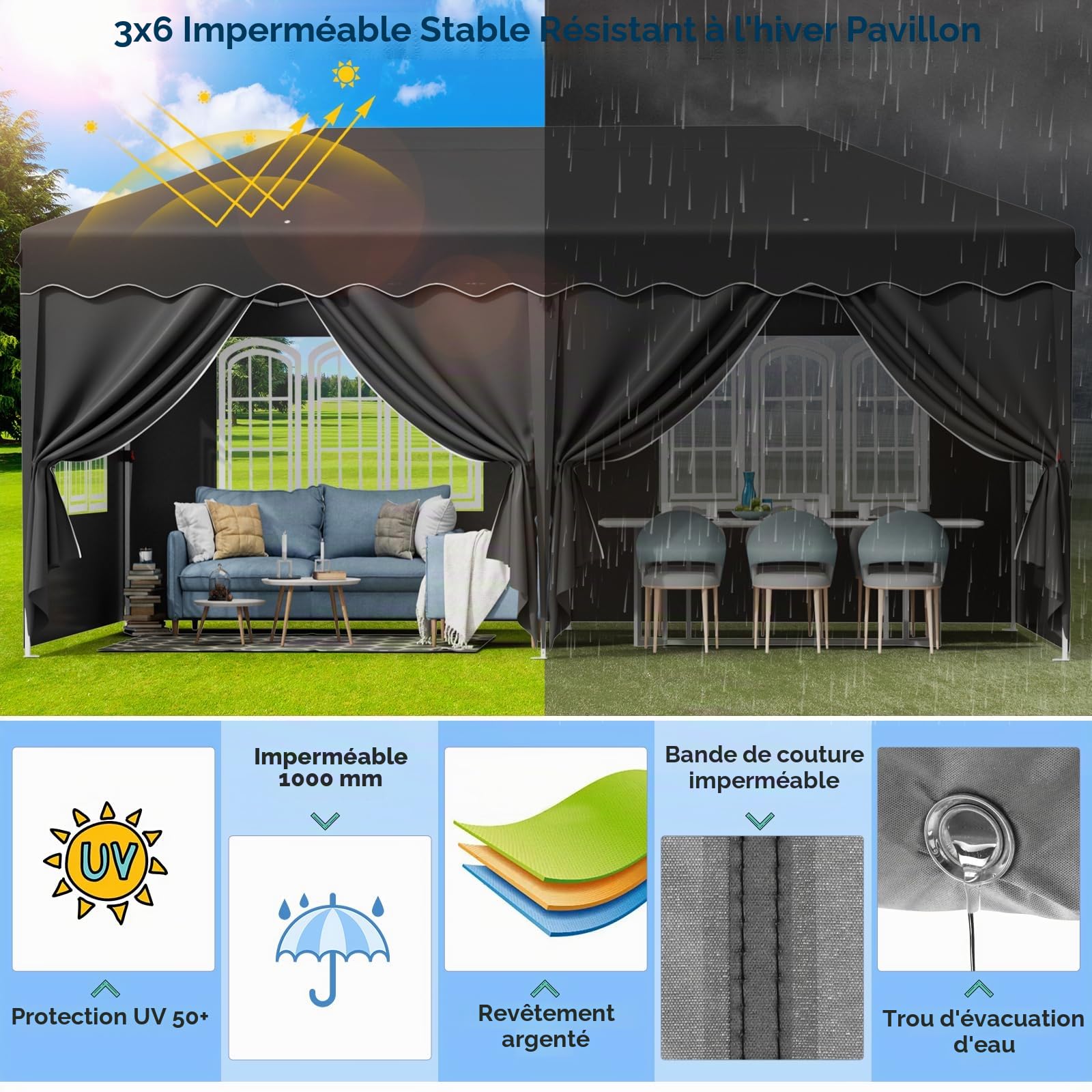 Tonnelle Pliante 3x6 Imperméable,Tente de Reception avec 6PCS Panneaux Latéraux,Tonnelle de Jardin 3x6,Protection UV 50+,420D Oxford,avec Sac de Rangement,Cour, Marché, Plage, Camping, Fêtes,Noir
