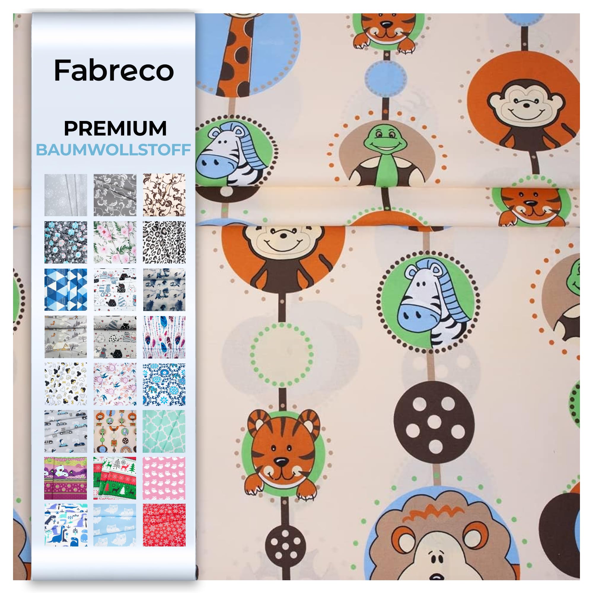 Fabreco - 100% Premium Baumwollstoff Meterware 100x160cm - ZOO | 220 g/lfm – Weich, langlebig & hautfreundlich | Stoffe Zum Nähen & Dekoration | Stoff Meterware - Fabric