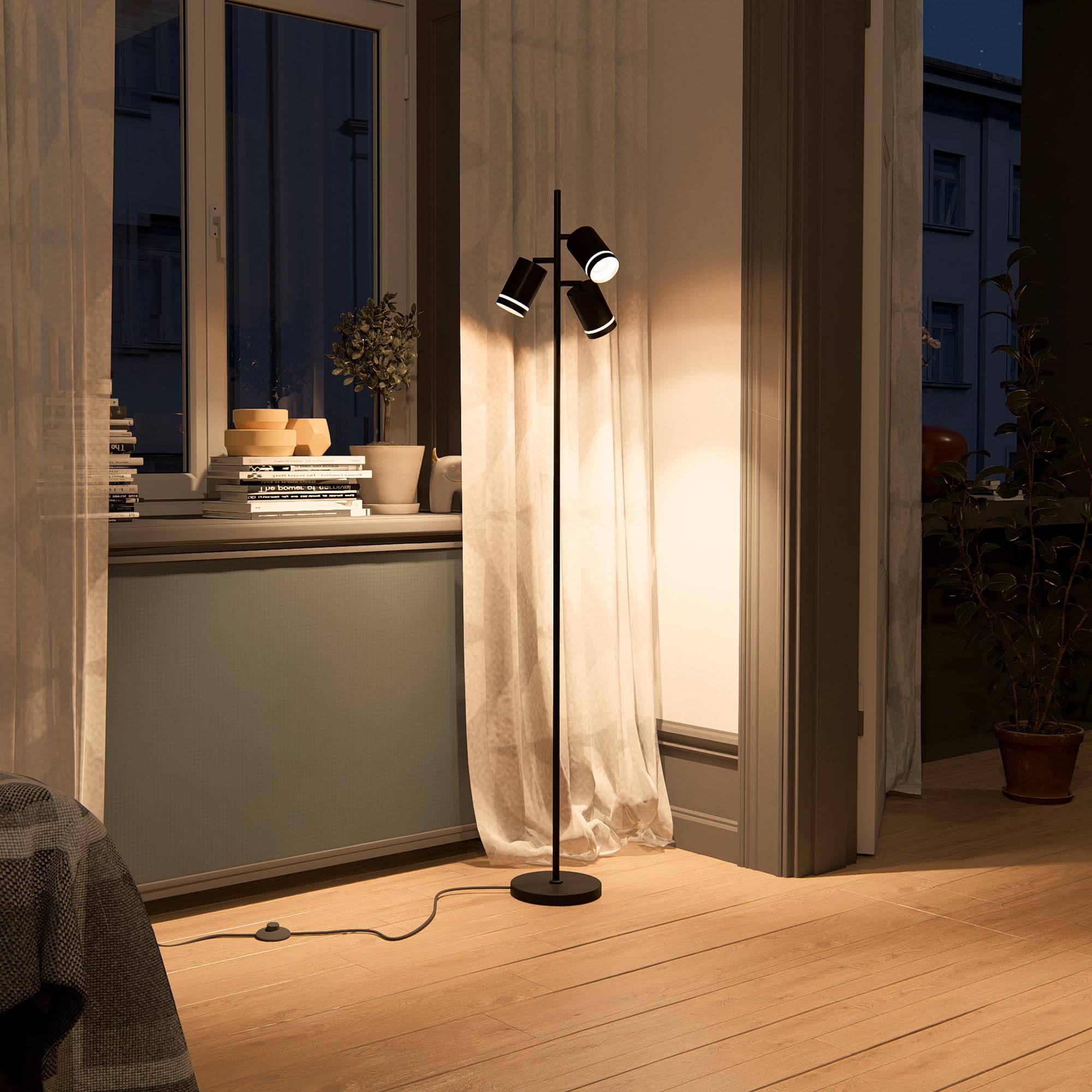 linovum TAVIRA Stehleuchte Wohnzimmer 3-flammig - moderne Standlampe schwarz drehbar mit Fußtaster für 3x GU10 Leuchtmittel