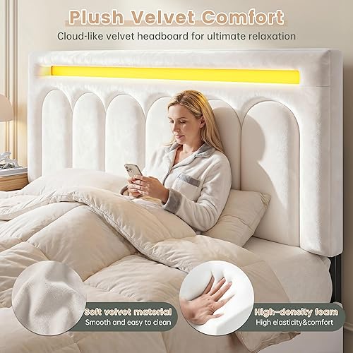 Miniatura 3 de Base de cama tapizada Queen con 4 cajones y cabecera de terciopelo, marco de cama de plataforma tamaño Queen con luces LED, soporte de listones de