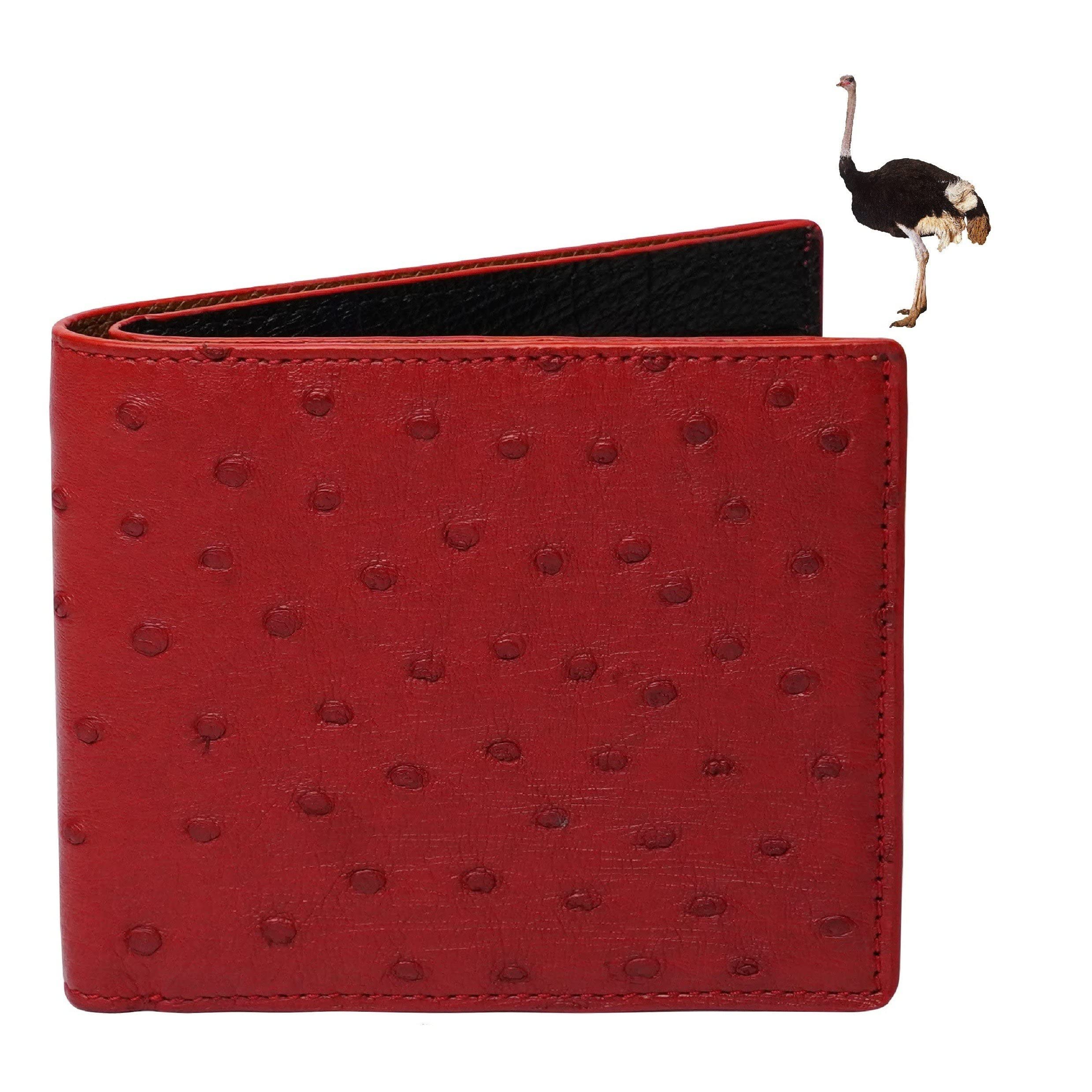 HATA Red Black Ostrich Leather Bifold Wallet for Men, Double-Sided Ostrich Billfold with RFID Blocking, Handmade Leather Wallet Gift for Birthday, Anniversary, Father's Day VINAMOS-71