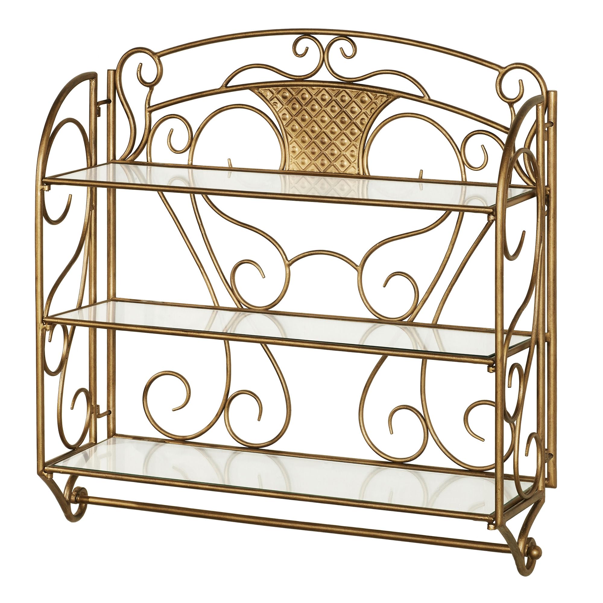 Lanora 3-Tier Storage Wall Shelf | Durable Metallic Aged Gold Powder Coat Finish | Three Wide Glass Shelves | Scrollwork Metal Wall-Mounted Organizer
