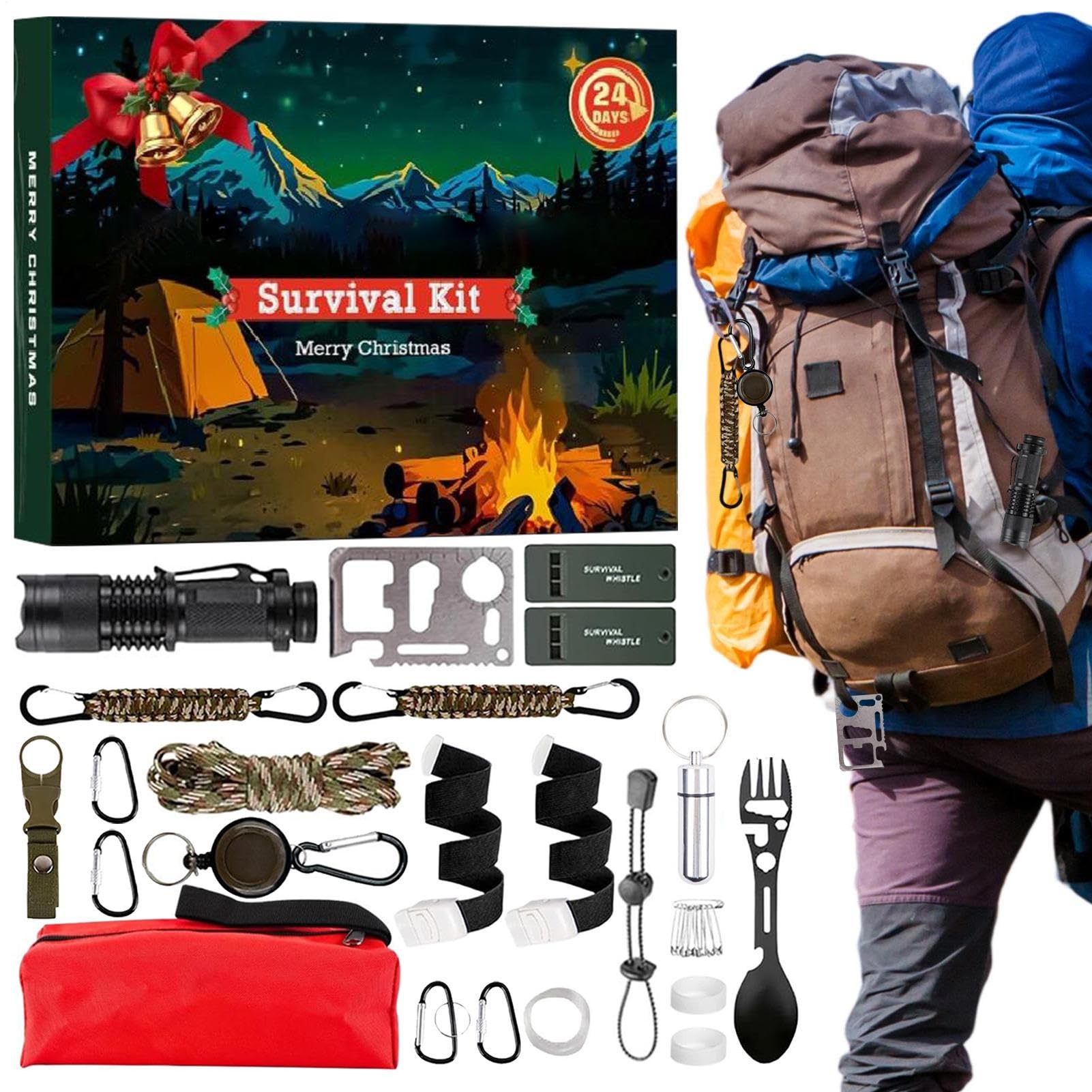 Adventskalender Adventskalender | 24-Tage-Adventskalender mit Überlebens-Tools - Sicherheitsausrüstung Aufbewahrungsbeutel Teenager Erwachsene