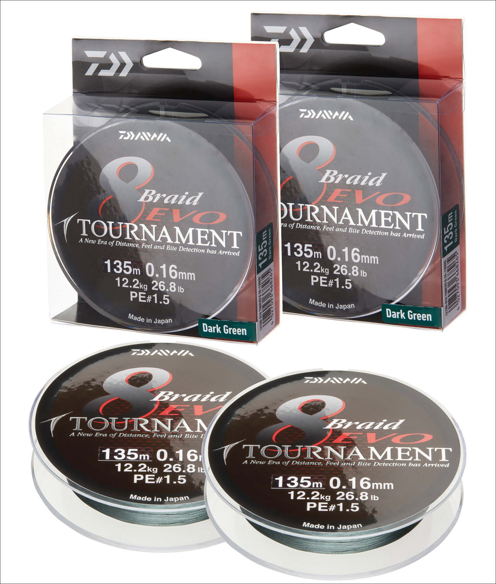 2 adet. Daiwa Tournament 8 Braid EVO 300 m koyu yeşil – örgülü