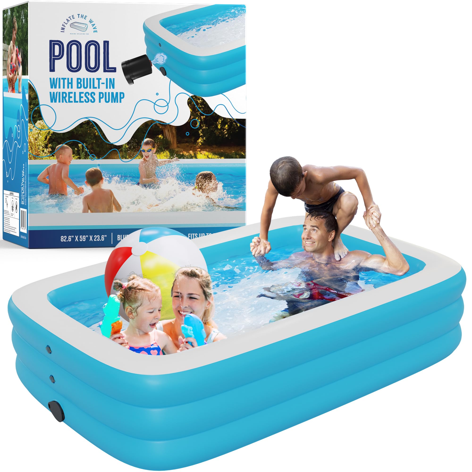 Blue Inflatable Swimming Pool (82.6'' x 59'' x 23.6'') Built-in Air Pump Inflatable Kiddie Pool, Family Pools for Kids and Adults - Self Inflating Backyard Blow Up Pool for Toddlers & Babies (Medium)