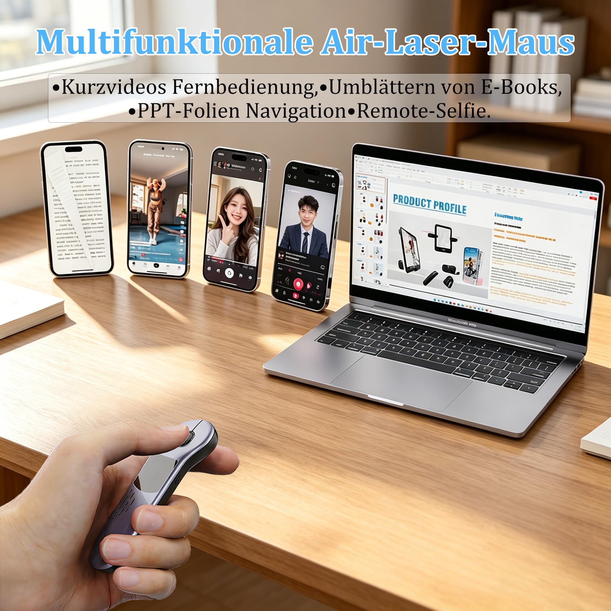 Air-Laser-Maus mit Touchpad, Kabellose Bluetooth Wiederaufladbare Fernbedienung für TikTok Kurzvideo,PPT-Präsentation,E-Book Seitenwender,Kamera-Auslöser,für Telefon Tablet PC Laptop Computer-Grau