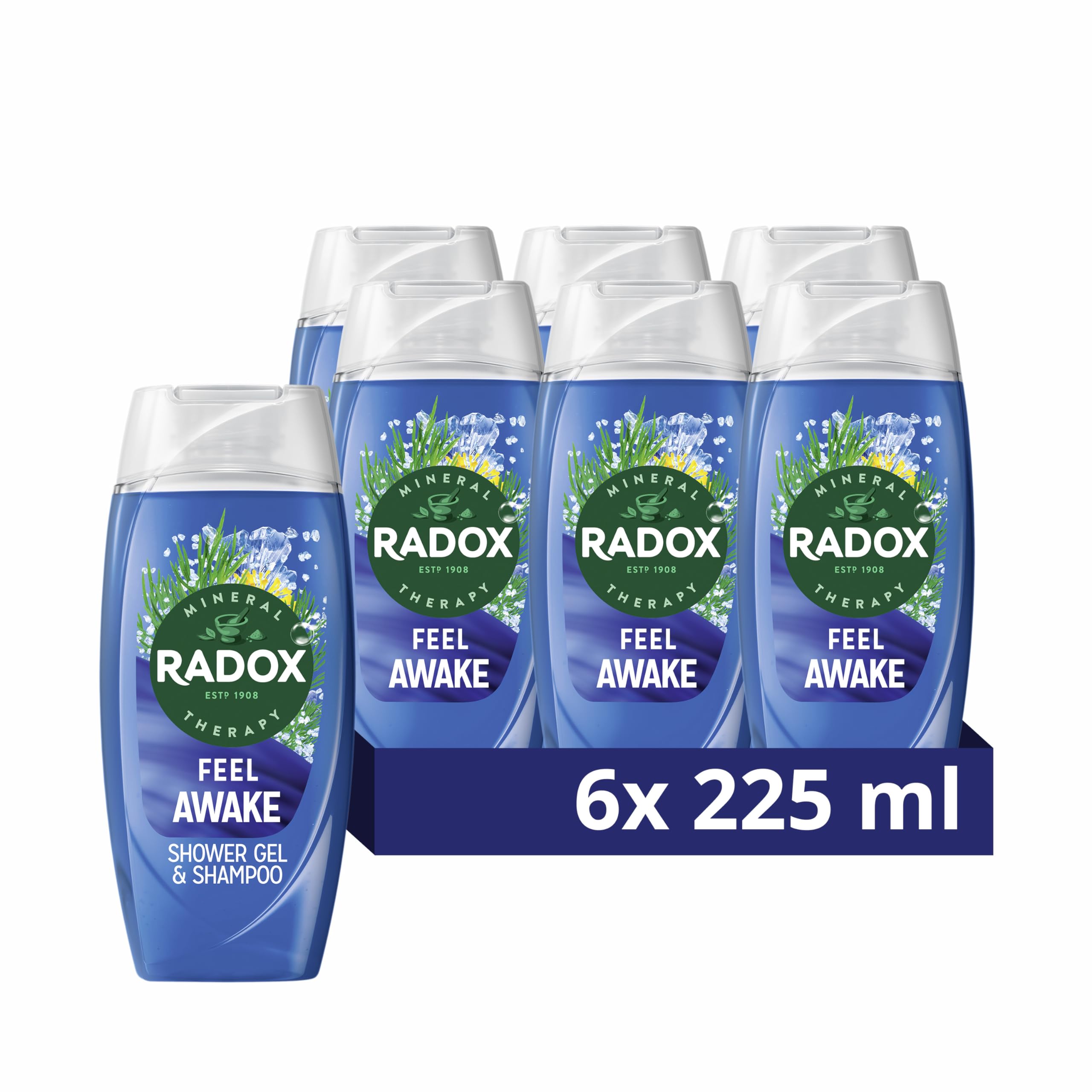 Radox Mineral Therapy Feel Awake 2-in-1 Shower Gel & Shampoo Body Wash uniquely blended with herbs and a sea mineral & fennel fragrance for a refreshing experience 6x 225 ml