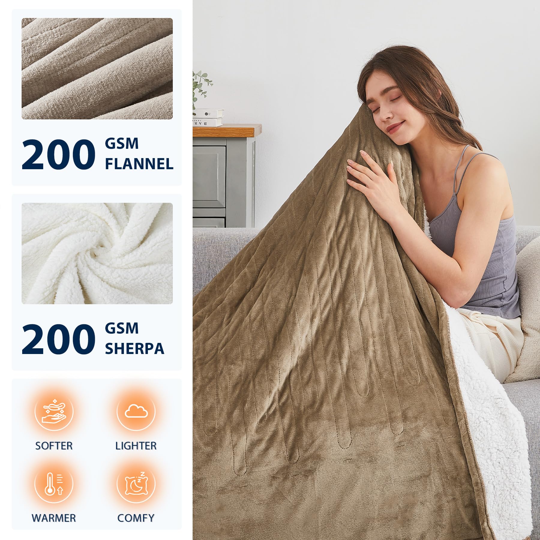 Homemate Heated Blanket Electric Throw - 62"x84" Heating Blanket Throw 1/2/4/6/8 Hours Auto-off 10 Heat Level Heat Blanket Over-heat Protection Flannel Sherpa Heater Blanket Electric ETL Certification