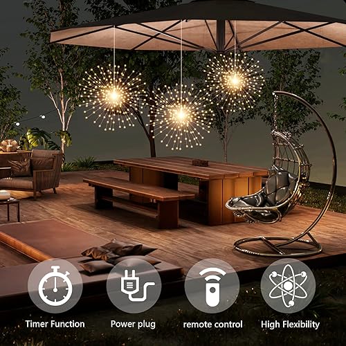 Miniatura 2 de Paquete de 3 600 luces LED enchufables, luces de fuegos artificiales, 8 modos regulables, control remoto, impermeable, luces de hadas colgantes,