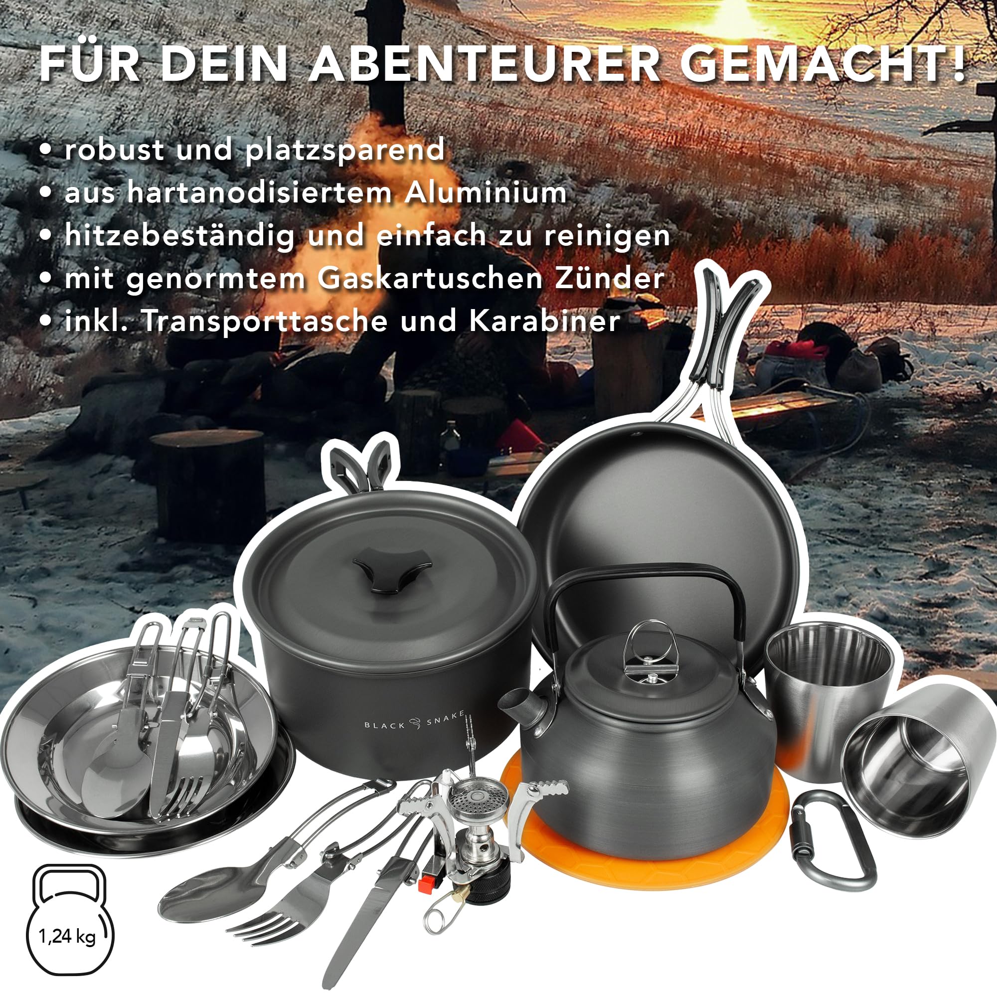Camping Geschirr Set 14-teilig für Outdoor Küche, Wandern & Festival - mit Bechern, Tellern, Besteck, Topf, Pfanne, Kessel & Zubehör