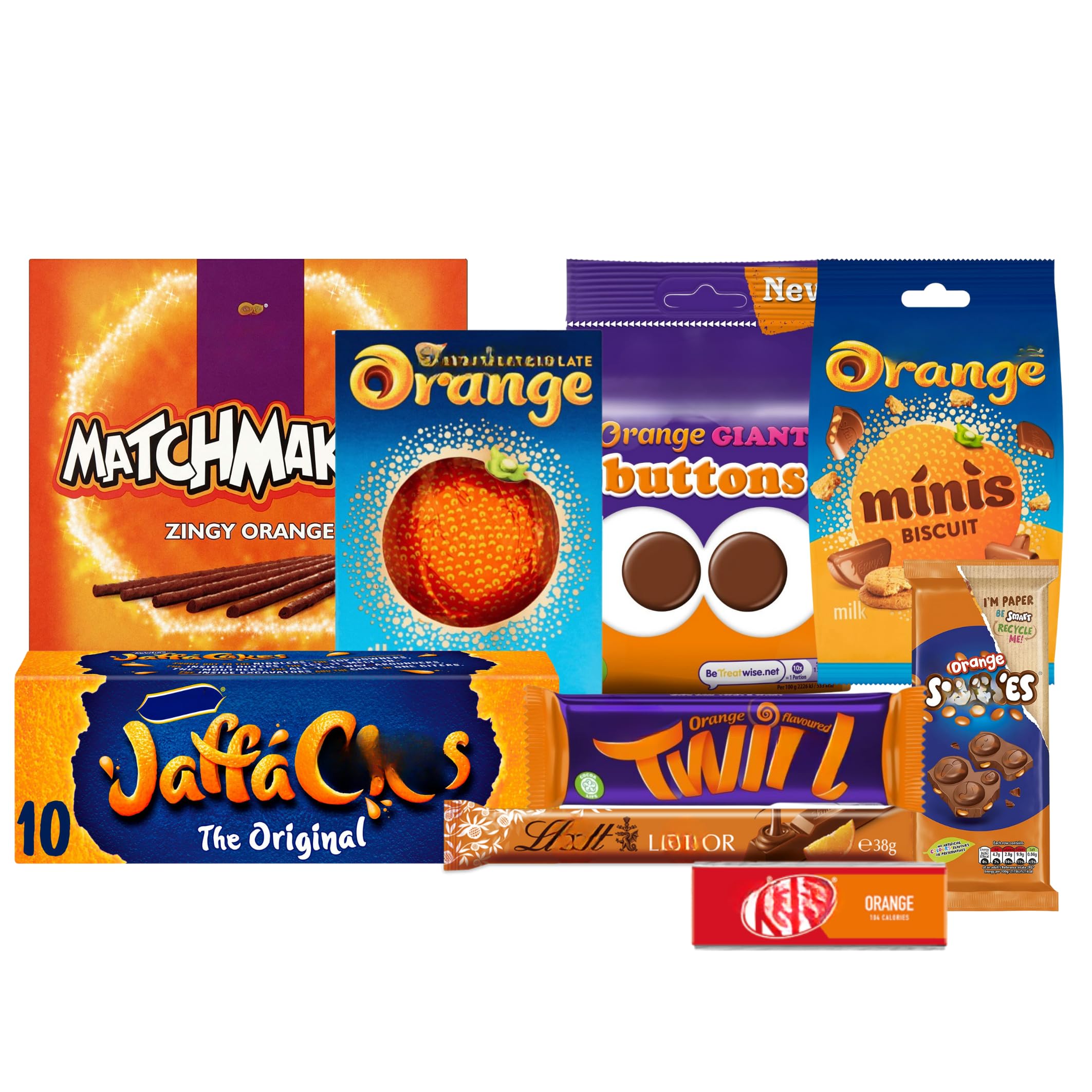 – Medium Orange Chocolate Gift - Bars, Bites, with Orange Chocolate Box, Bar and Minis, Twirl and Buttons, Matchmakers, Jaffa Cakes, Lind, Kit, and Smartys