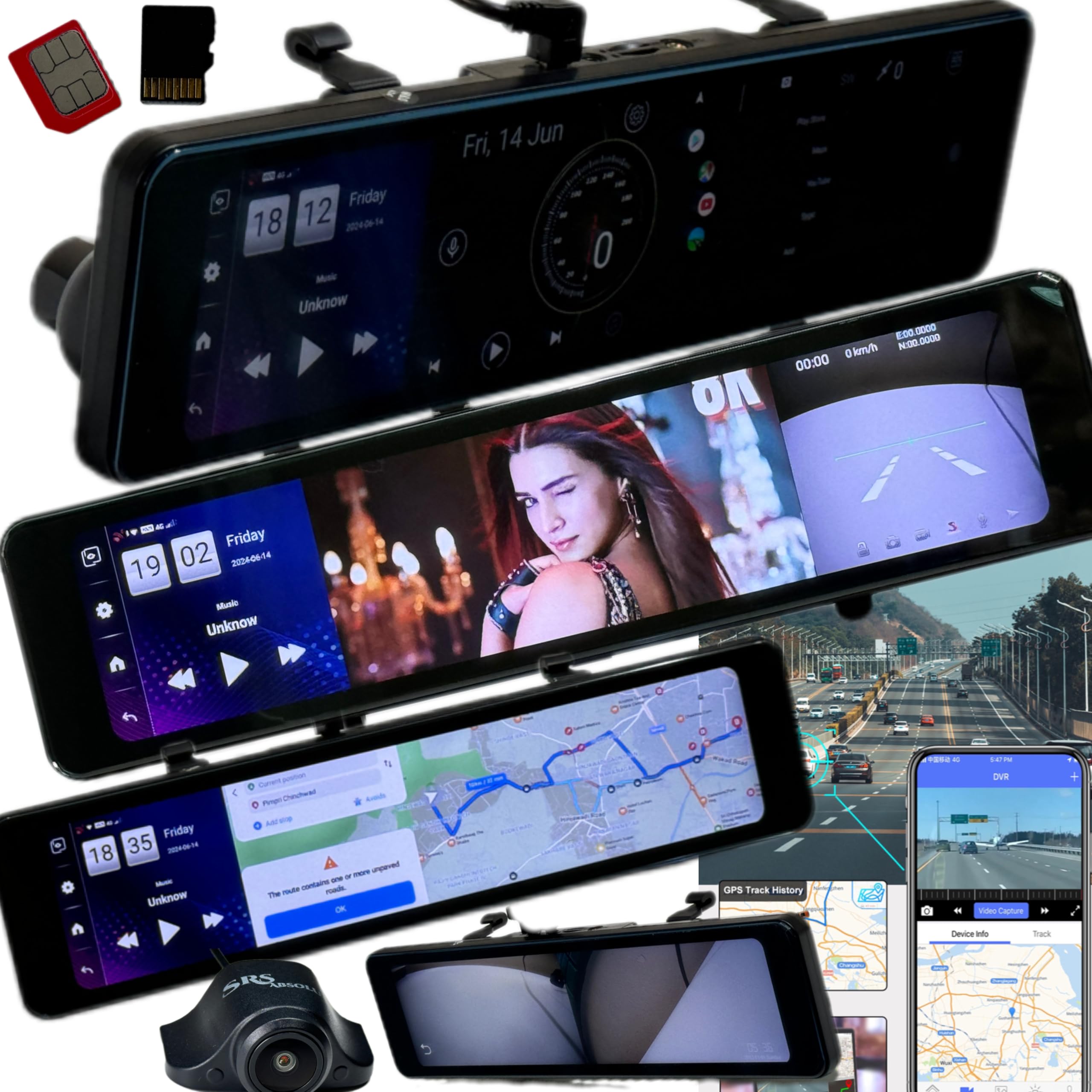 SRS ABSOLUTE 2K 4G Mirror Dash Cam Android ADAS Bluetooth WIFI HotSpot Steering control 2CH Record 24x7 Live Audio Video GPS Track Motion GSensor Reverse Park Map App PlayStore SIM MicroSD Support S12