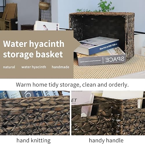 Miniatura 5 de Cesta de almacenamiento rectangular de mimbre, cesta de jacinto de agua oscura con asas interiores, estantes, escritorio de cocina y oficina (grande)