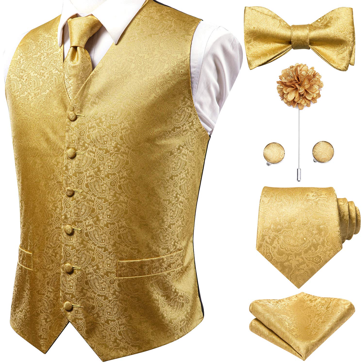 Hi-Tie Men's 4pc Waistcoat Vest Necktie Pocket Square Cufflinks Set For Suit or Tuxedo More Color fo