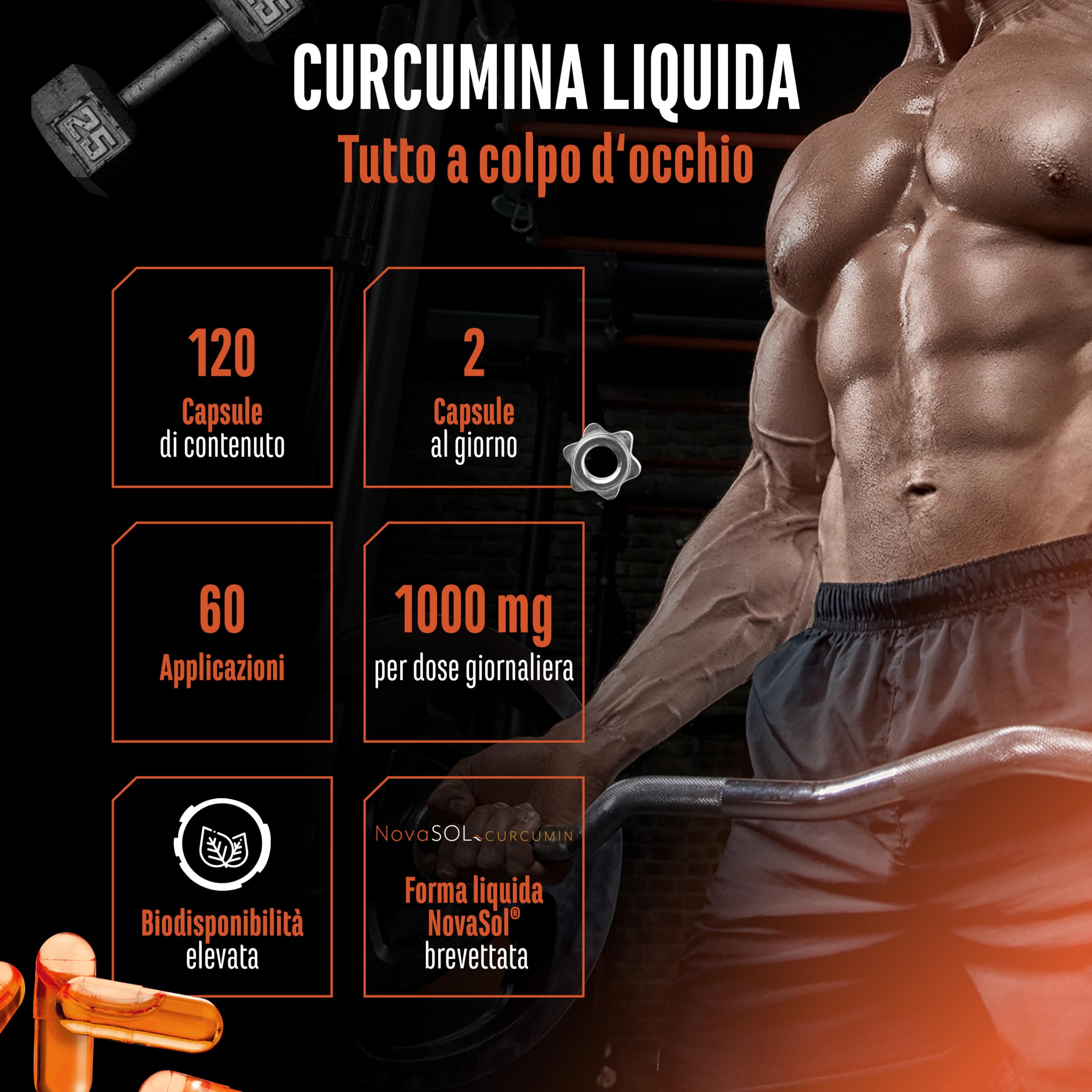Curcuma NovaSol® - 120 capsule liquide - 1000 mg di curcumina per dose giornaliera - Con tecnologia brevettata NovaSOL® - Biodisponibilità 185 volte superiore grazie alla forma liquida - vegano