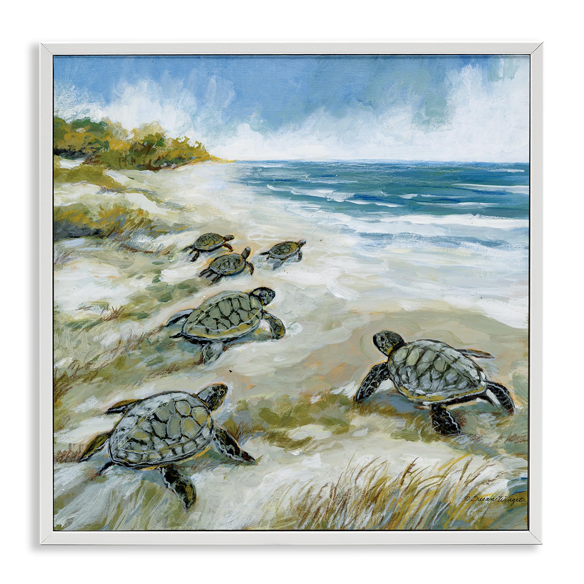 Stupell Industries Baby Sea Turtles Beach Waves 'Baby Sea Turtles On Beach', Framed Giclee Art, White, 24 X 24 Inches, Easy To Hang And Sturdy, Made In Usa, By Susan Winget