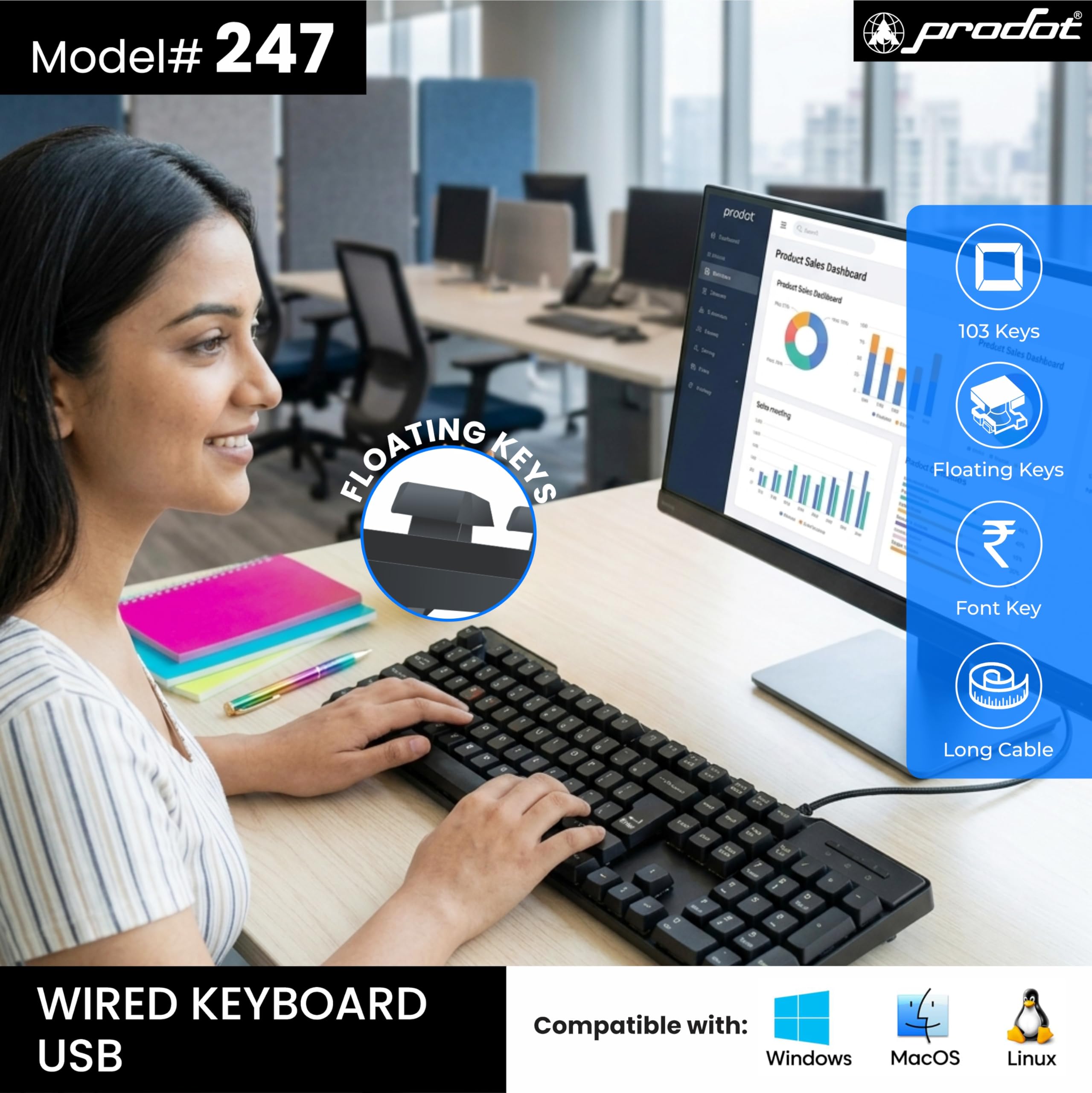 Prodot 5-in-1 Wired Combo Pack | Wired Keyboard + Comfy Optical Mouse + 4 in1 Port USB Hub + Type C OTG + Anti-Slip Mouse Pad | for Laptop/Desktop/Windows — Amazon image 2