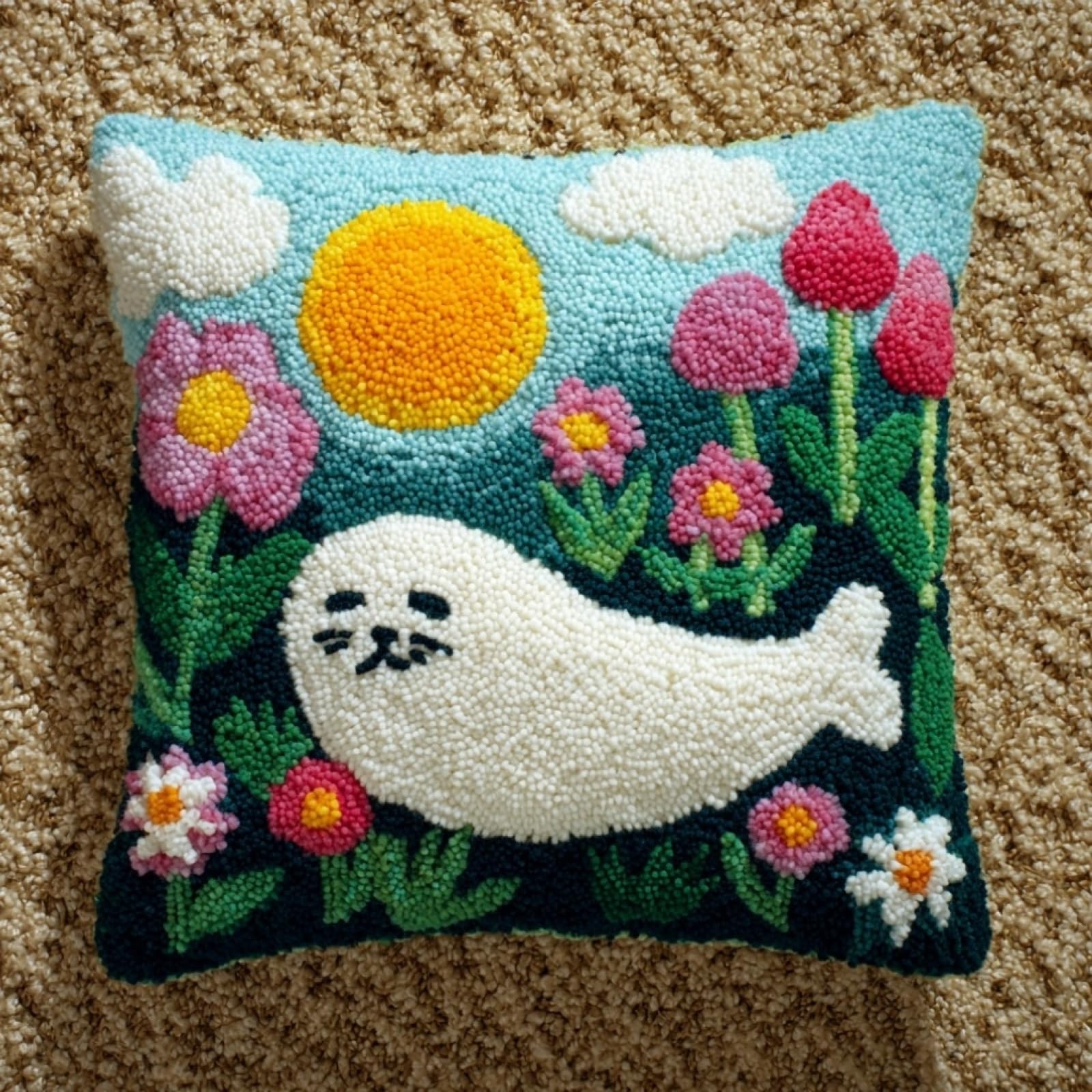 AxiangziK Latch Hook Pillow Kit 17x17in,Flowers and Otters