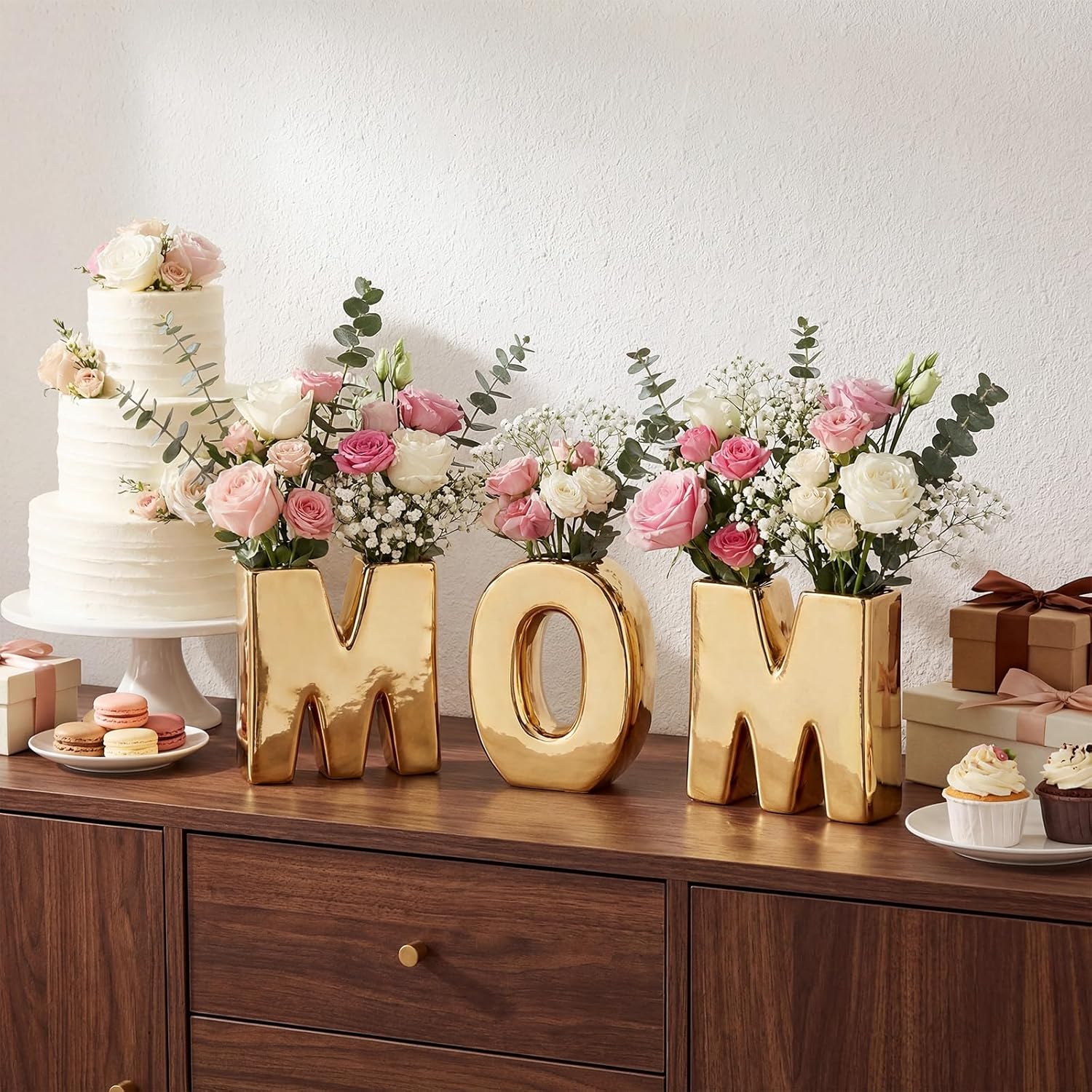 3 Pcs Mother's Day Gold Mom Letter Vase 6" Ceramic Table Centerpiece Gold Words Small Flower Vase Alphabet Decorations Gift for Home Bookshelf, Bedroom, Party