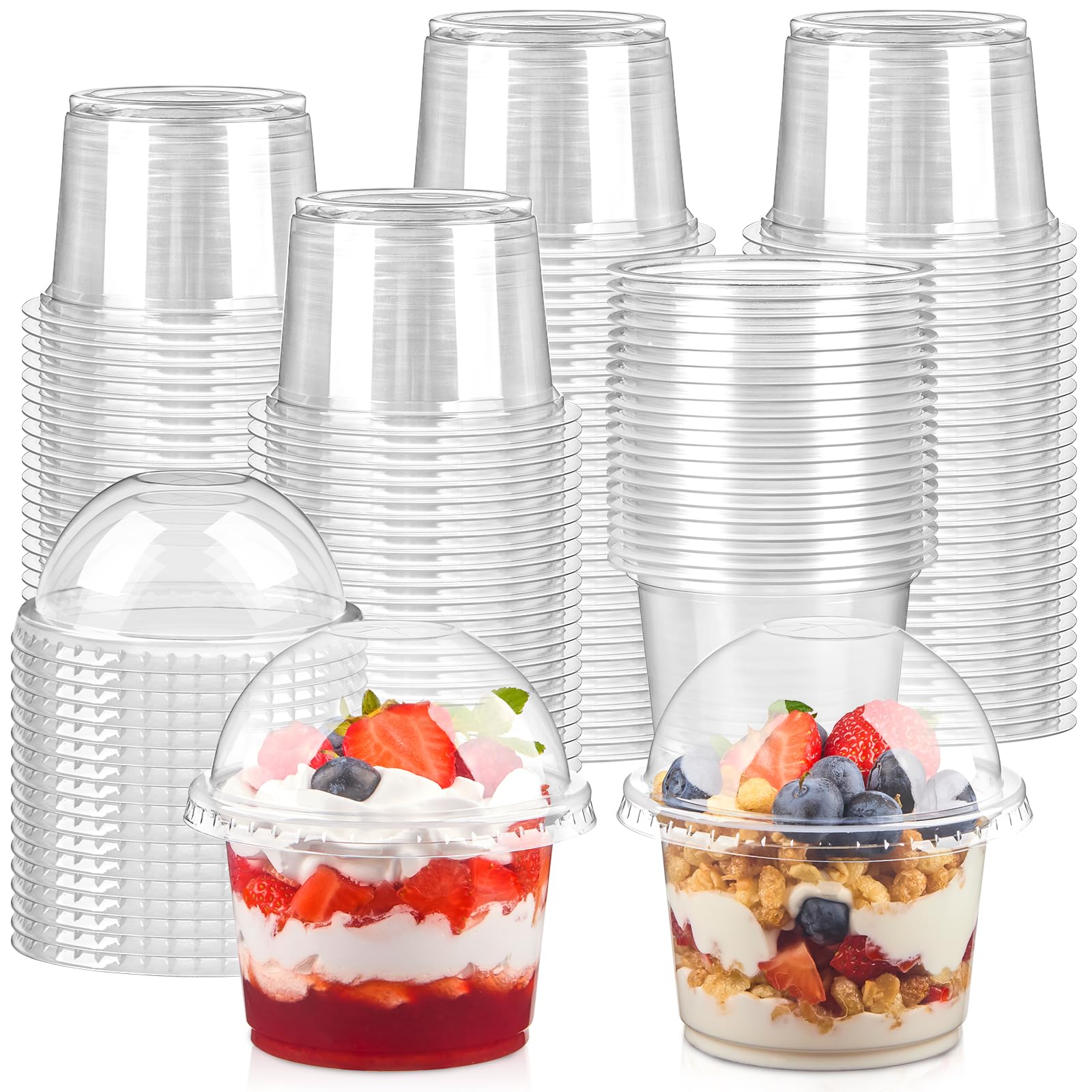 Kucoele Paquete de 100 vasos de plástico transparente de 9 onzas con tapas de cúpula, vasos de postre desechables con agujero para fiestas, yogur, parfait, fruta, helado