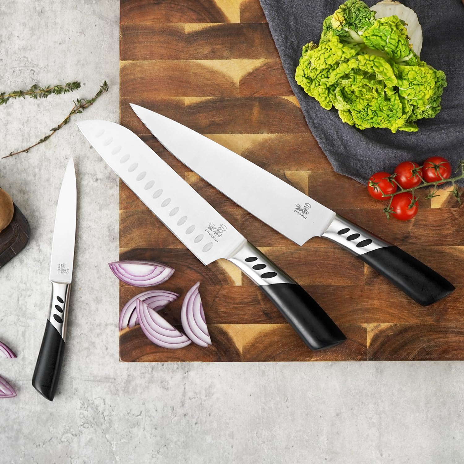 CHUSHIJI Professional 3-Piece Kitchen Knife Set - 8" Chef Knife, 7" Santoku Knife, 5" Utility Knife - High Carbon Stainless Steel, Ergonomic Handle, Grill Ready, Perfect for Gifting - Image 4