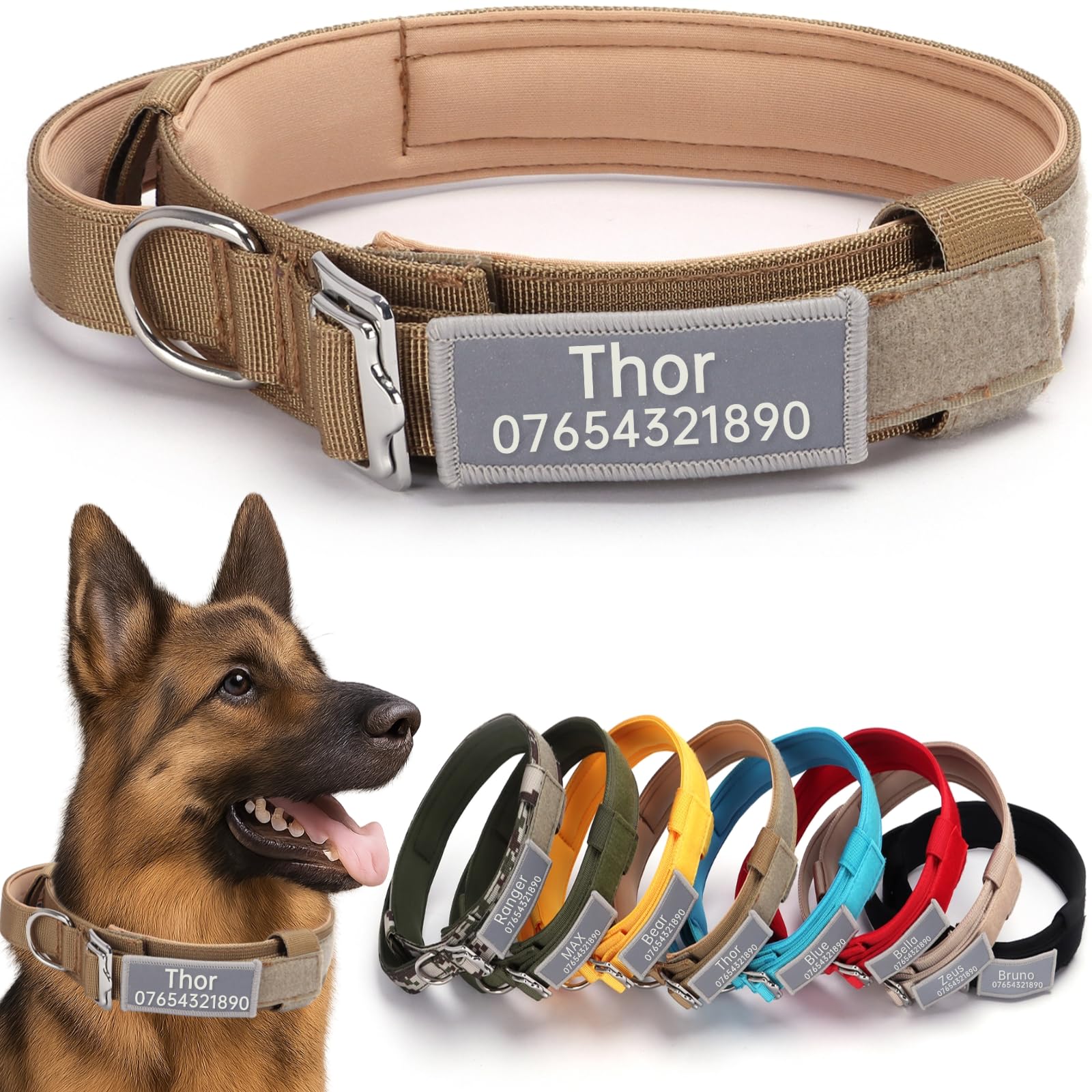 SEOUGEE Tactical Dog Collar Personalised with Handle, Soft Padded Dog Collars with Custom Reflective Name Patch, Adjustable Collars with Portable Buckle for Medium Large Dogs Training (Brown, M) — image 1