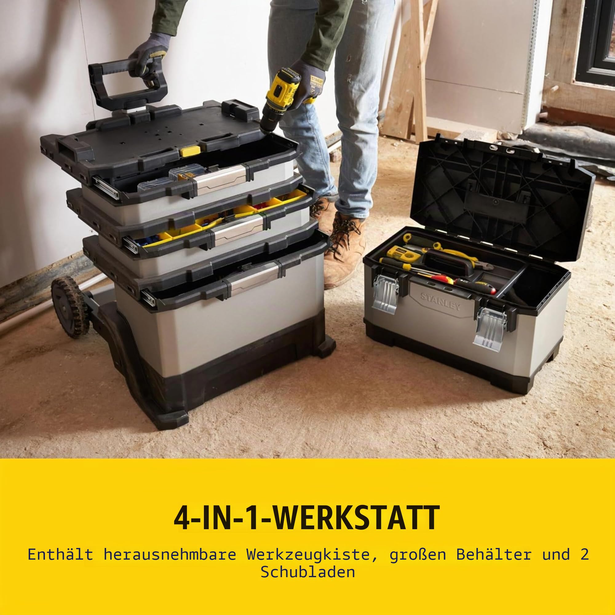 STANLEY FATMAX Rolling Workshop, 4-in-1-Geräte einschließlich abnehmbarer Werkzeugbox, strapazierfähiges Metall und Kunststoff, mobile Workstation, 1-95-622