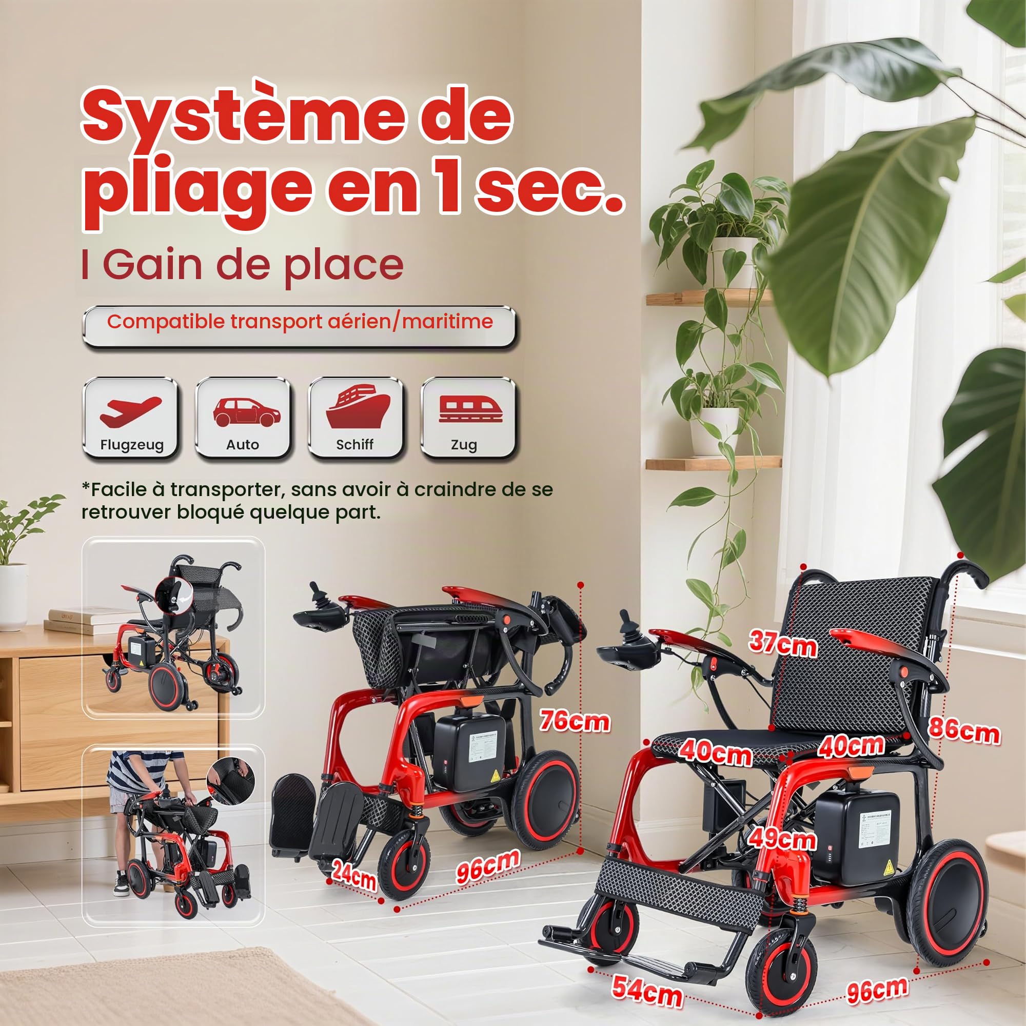 Fauteuil roulant électrique pliable ultra léger (13 kg), 100% fibre de carbone, 2 batteries 12 AH, portée de 48 km, fauteuil roulant électrique pour adultes, avec coussin épais, sac à dos, sac à