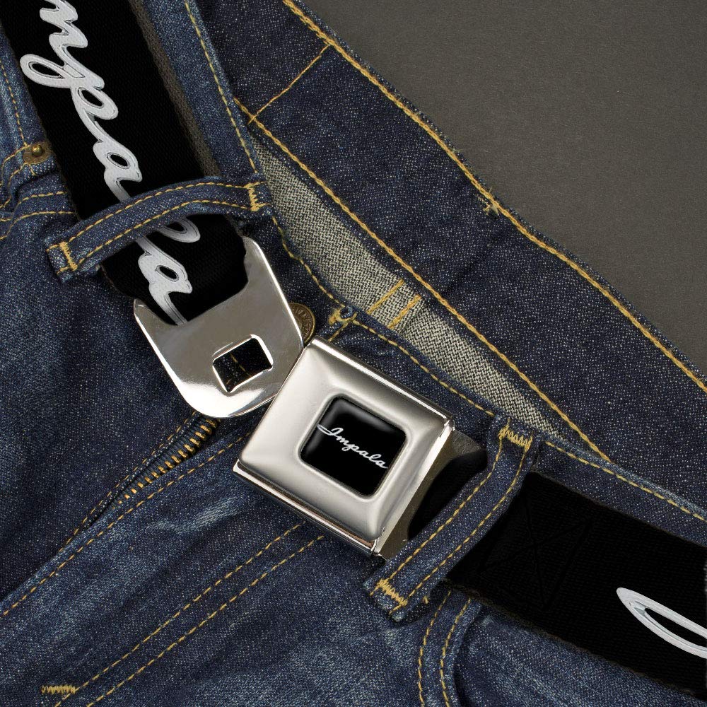 GM General Motors Belt, Seatbelt Buckle Belt, 1962 Impala Script Emblem Black Silver, 44 to 63 Inches